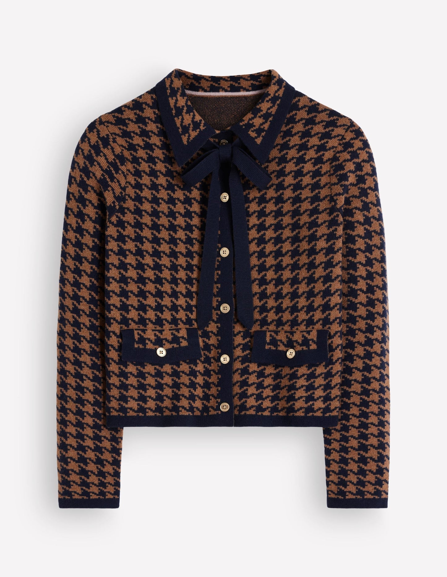 Elizabeth Bow Knitted Jacket-Camel, Dogstooth