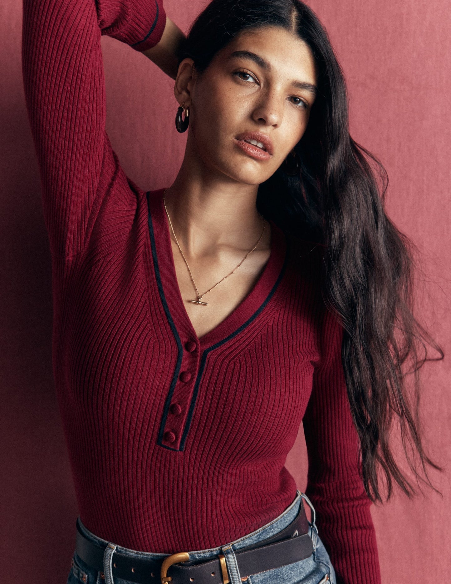 Paula Ribbed V Neck Jumper-Merlot