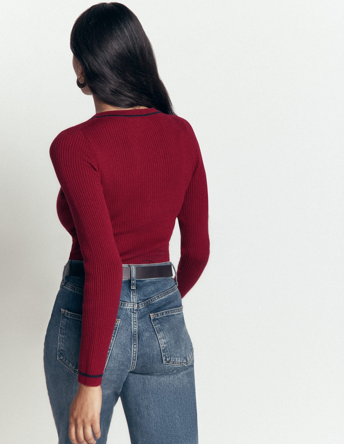 Paula Ribbed V Neck Jumper-Merlot