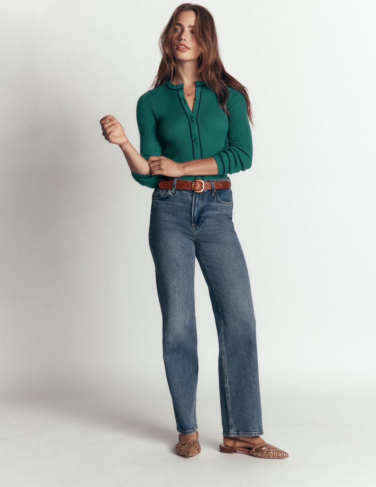 Paula Ribbed Crew Cardigan-Midnight Teal