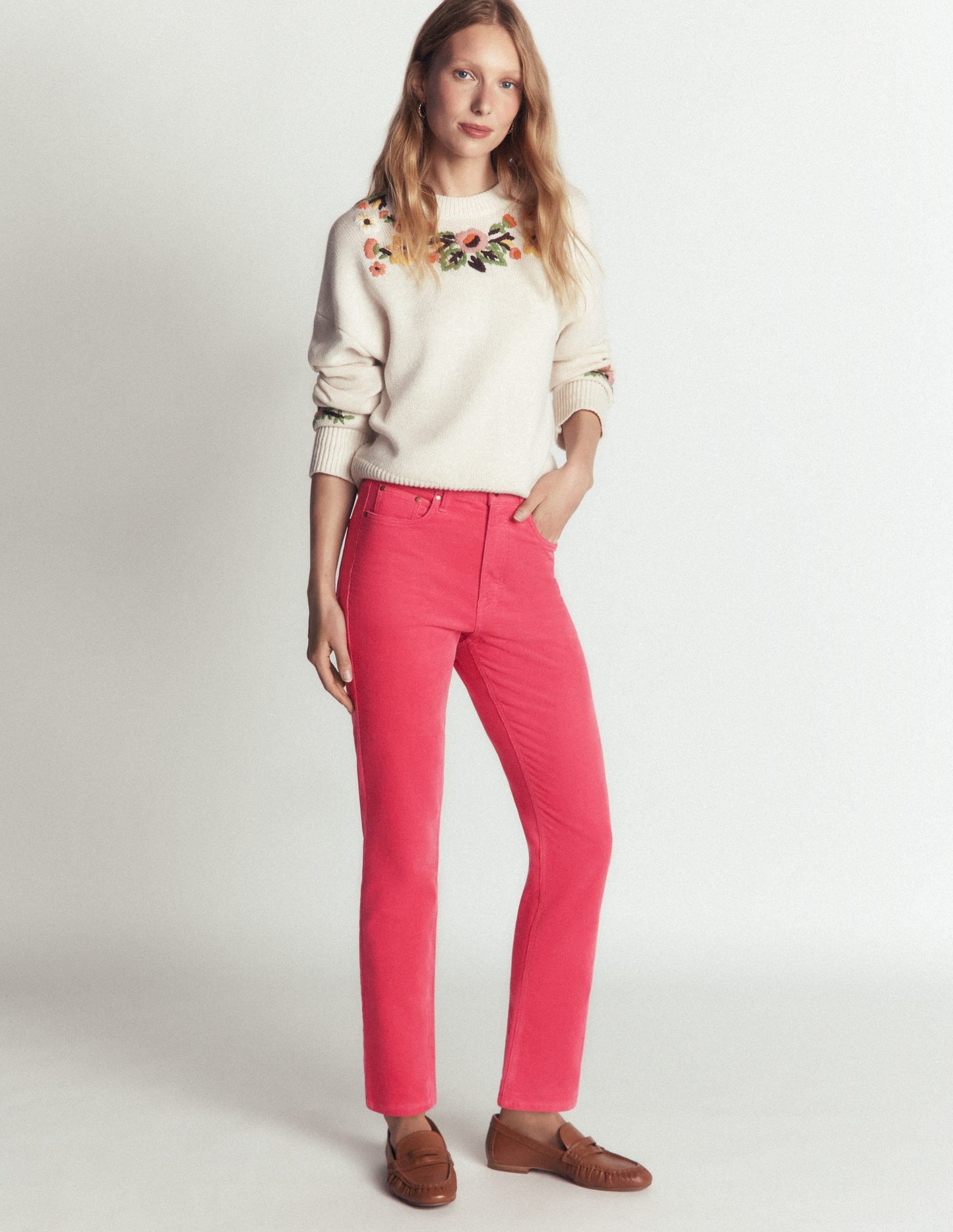 High Rise Cord Slim Jeans-Holly Berry