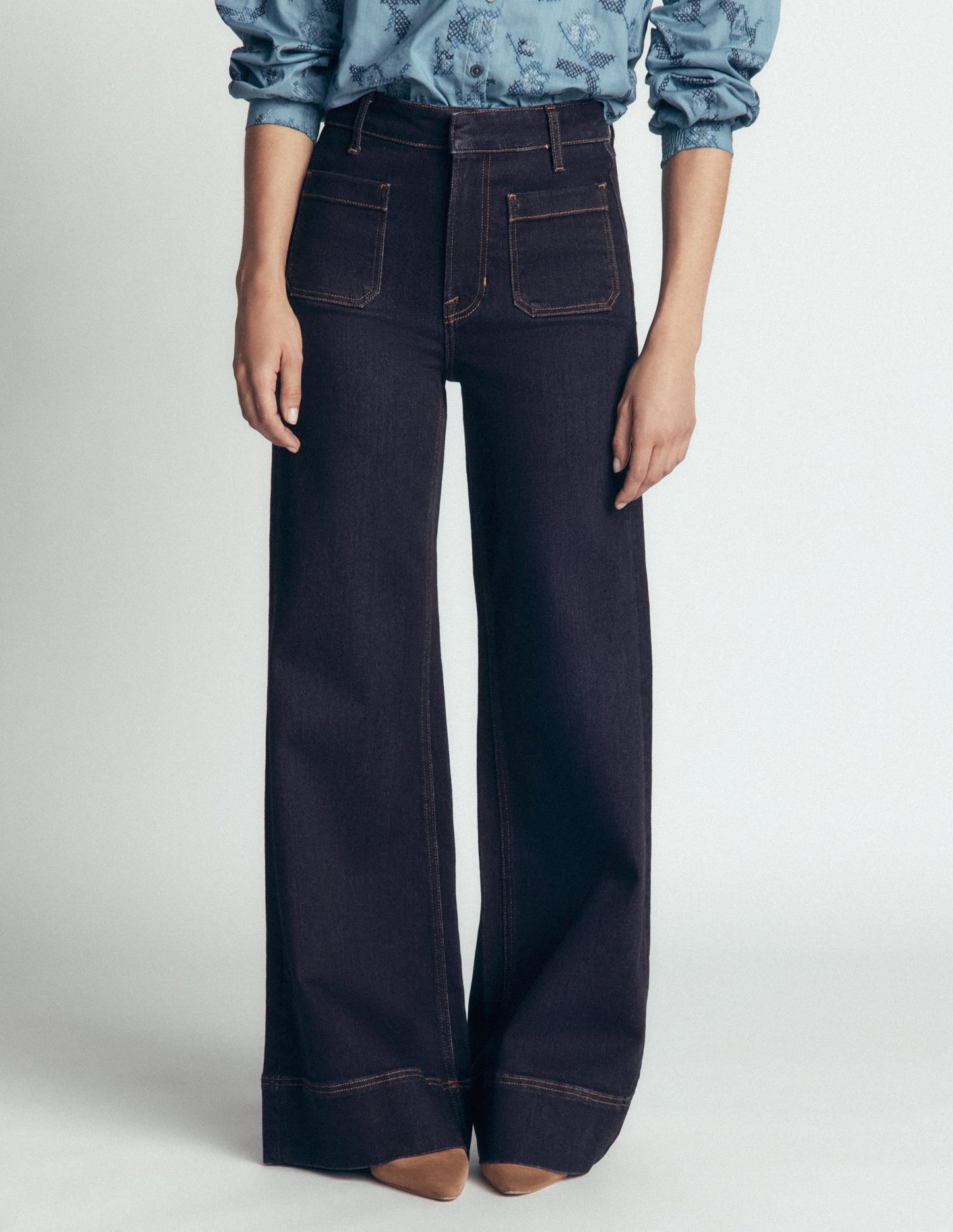 Patch Pocket Flare Jeans-Indigo