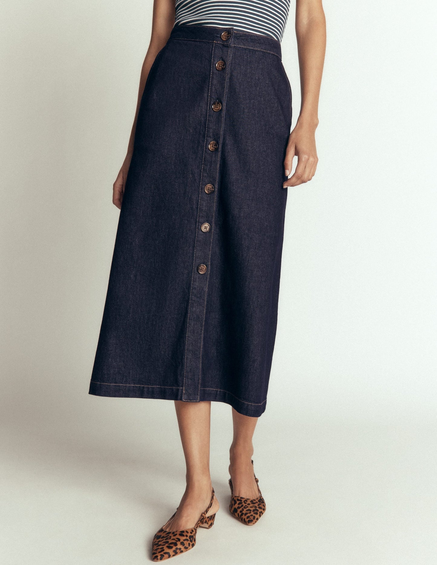 Val Button Denim Midi Skirt-Indigo