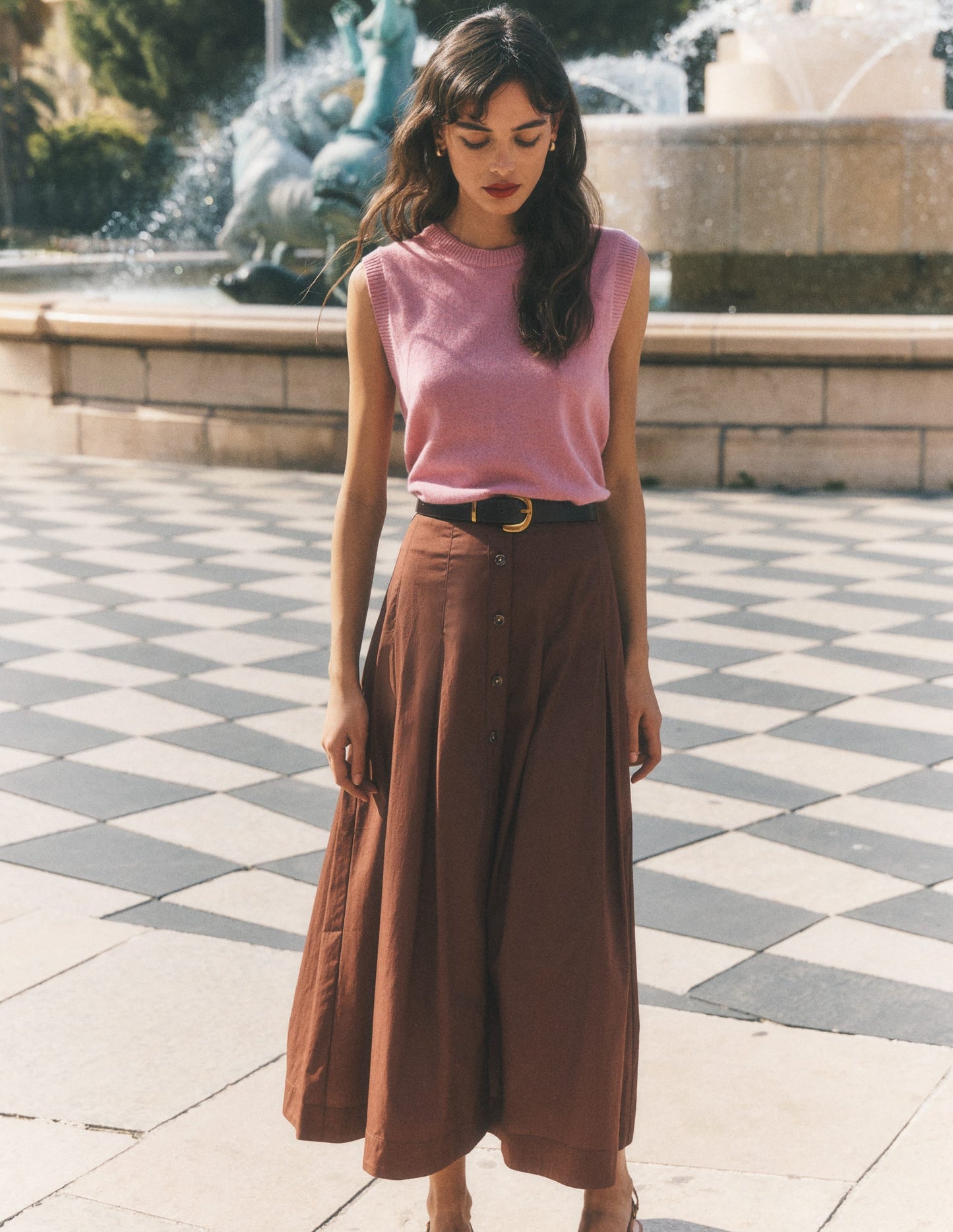 Button Front Pleated Skirt-Raw Umber