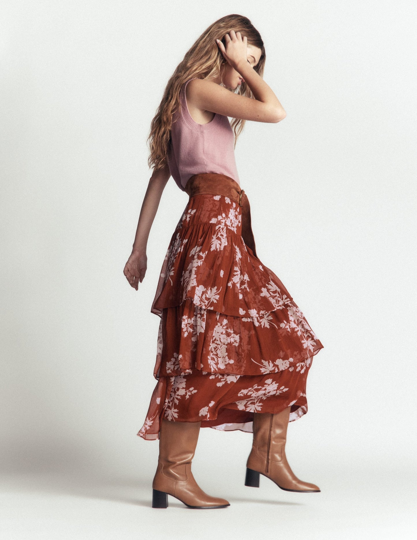 Tiered Ruffle Midi Skirt-Arabian Spice, Flecked Bunch