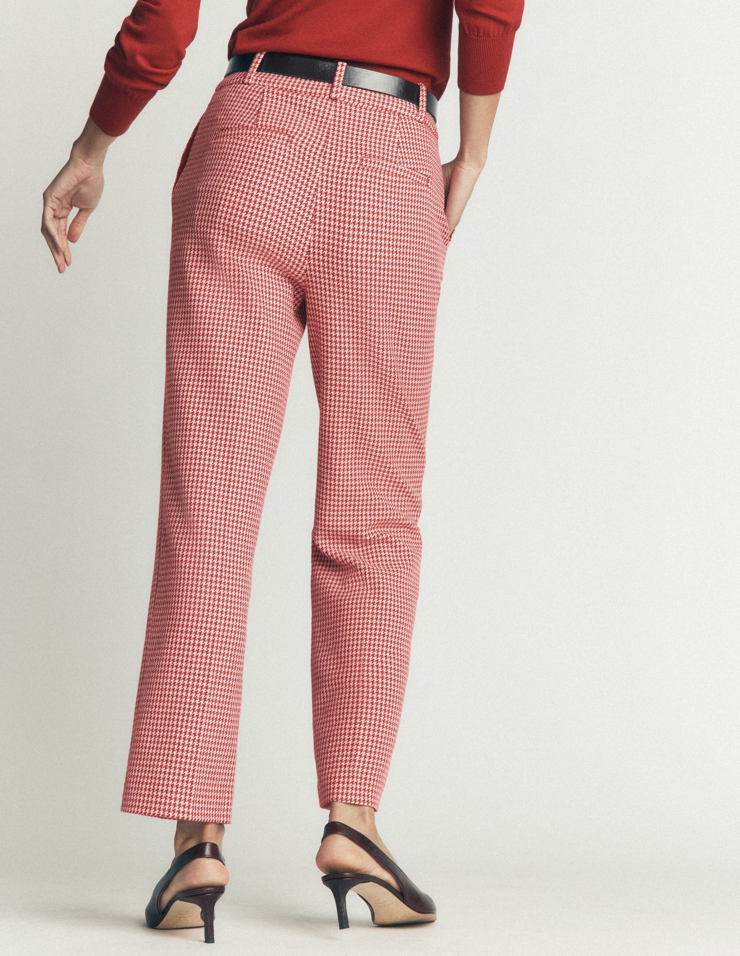Canonbury Cotton 7/8 Trousers-Pink, Brown Puppytooth