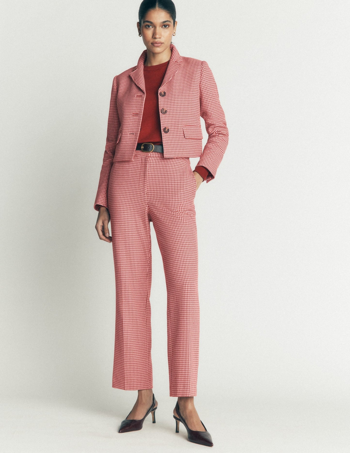 Canonbury Cotton 7/8 Trousers-Pink, Brown Puppytooth