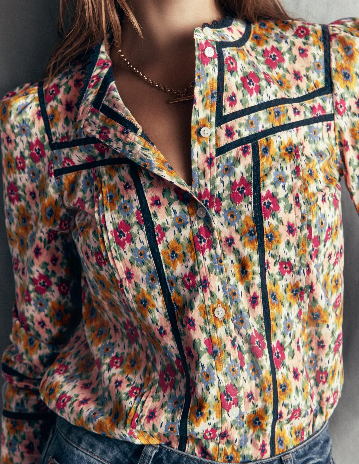 Carmen Lace Trim Cotton Top-Multi, Flecked Garden