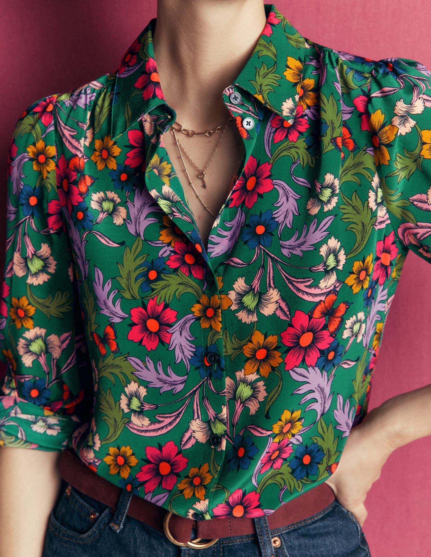 Sara Silk Shirt-Green, Butterfly Bouquet
