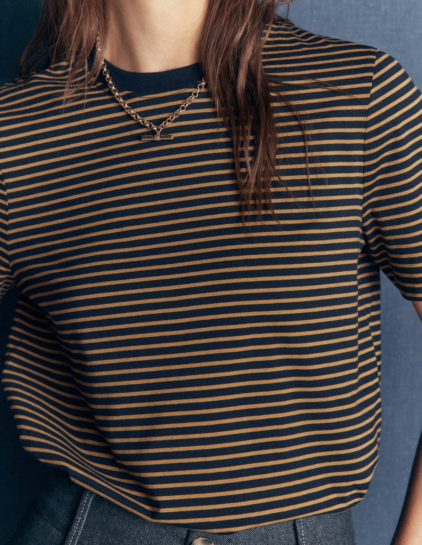 Cotton Crew Neck T-shirt-Navy and Dijon Stripe