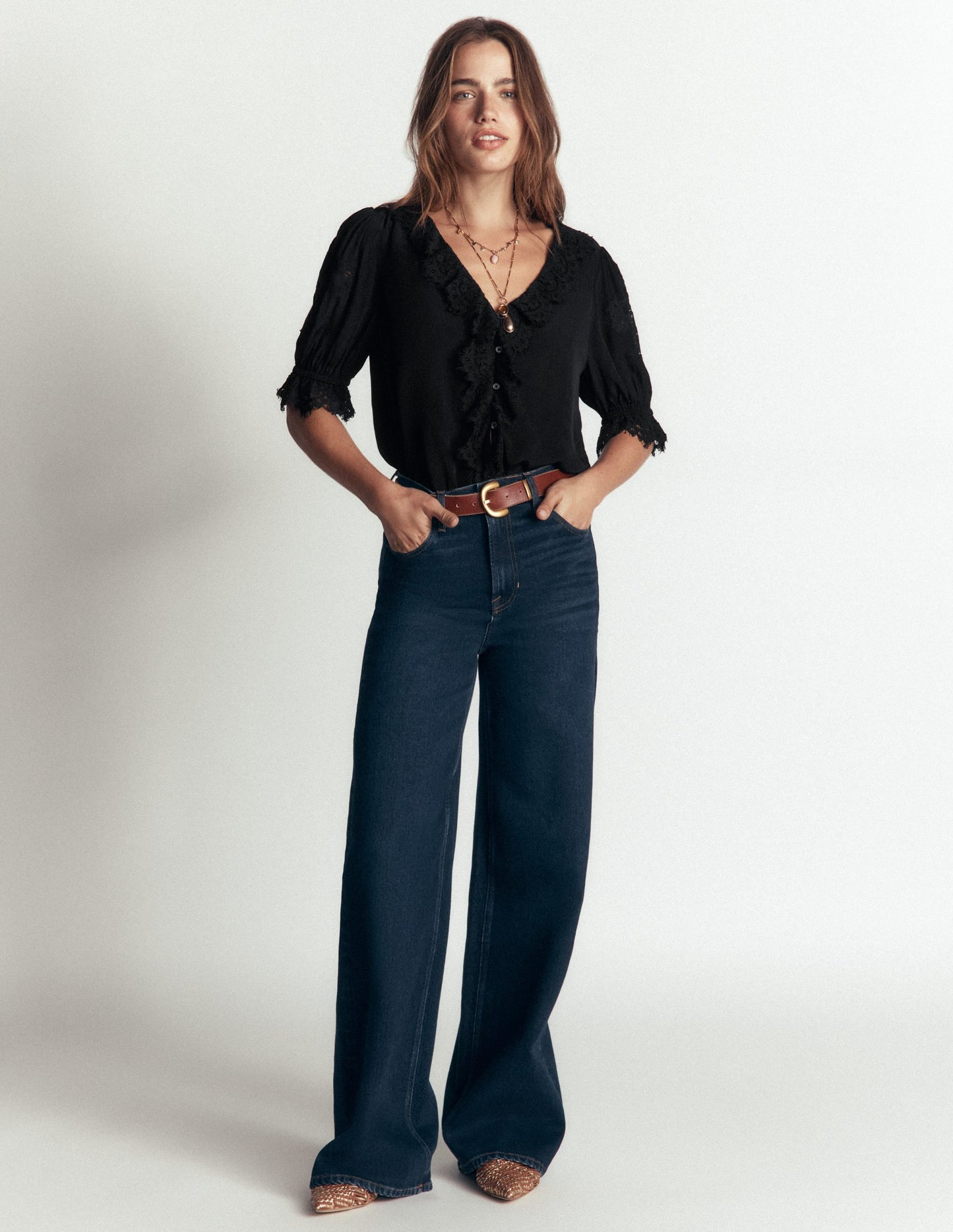 Ruffle V-neck Lace Top-Black