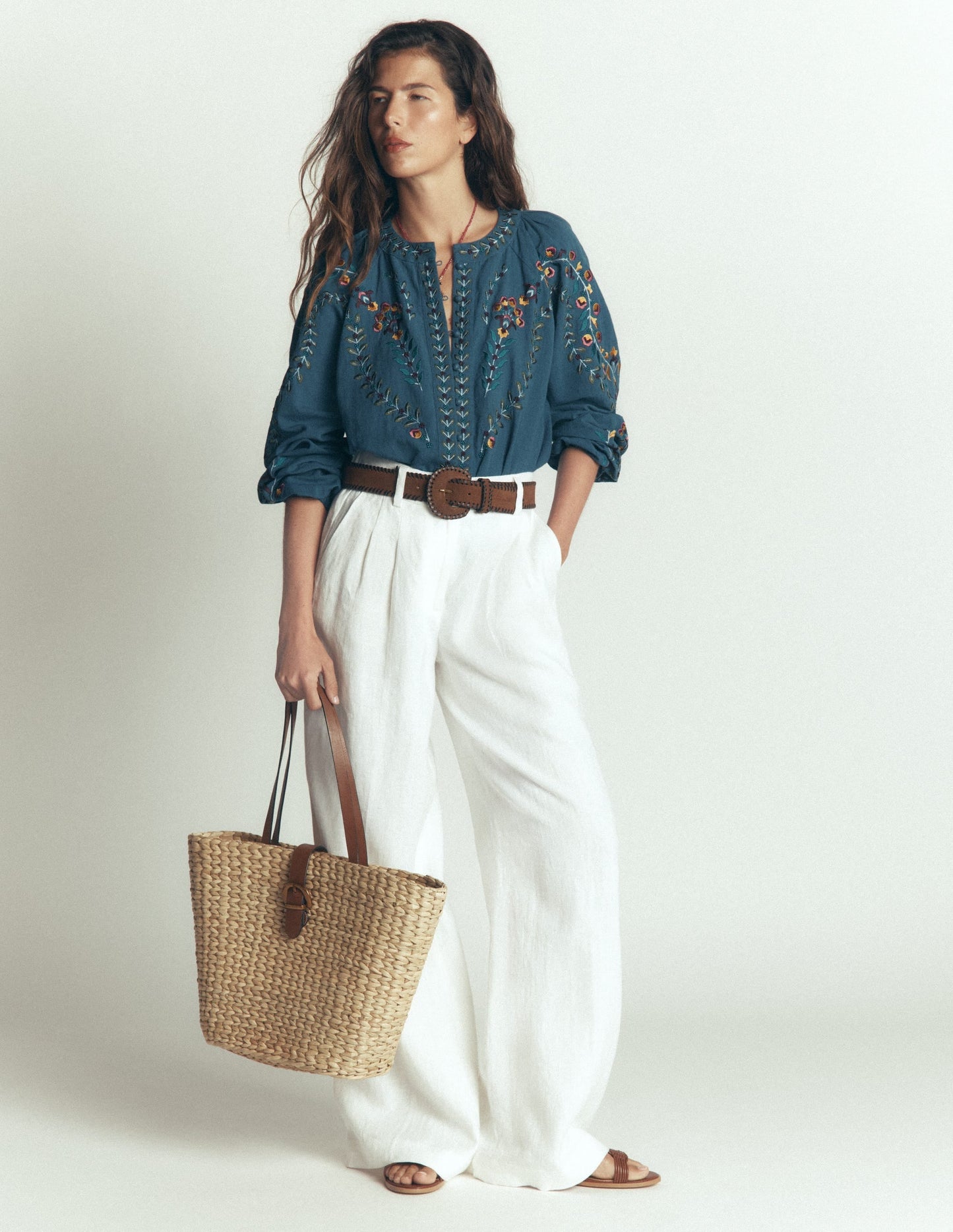 Raglan Embroidered Top-Mid Blue
