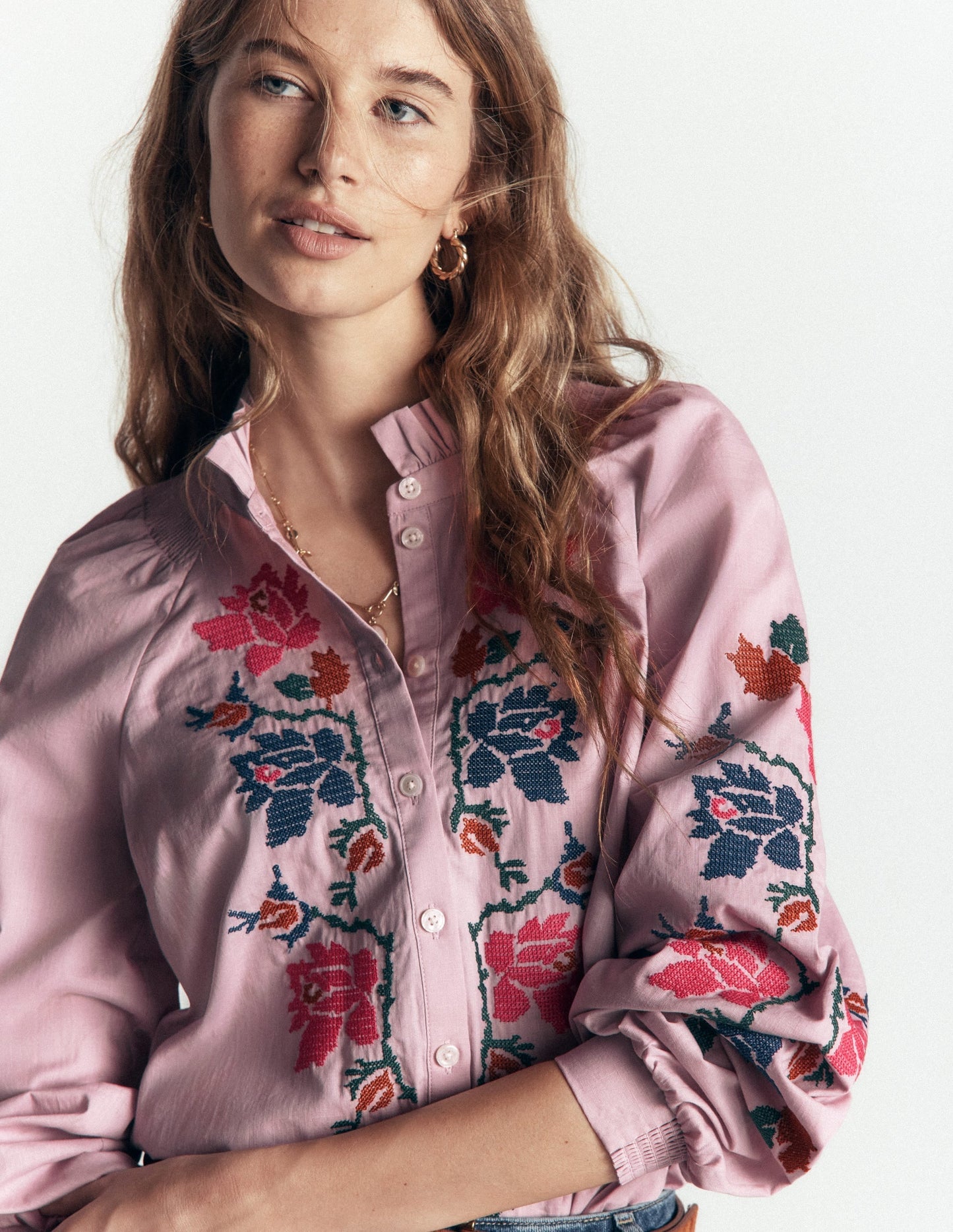 Erica Cotton Frill Top-Soft Pink, Embroidered Floral