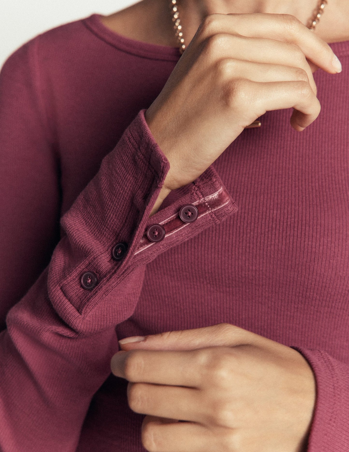 Button Cuff Ribbed Boatneck-Maroon