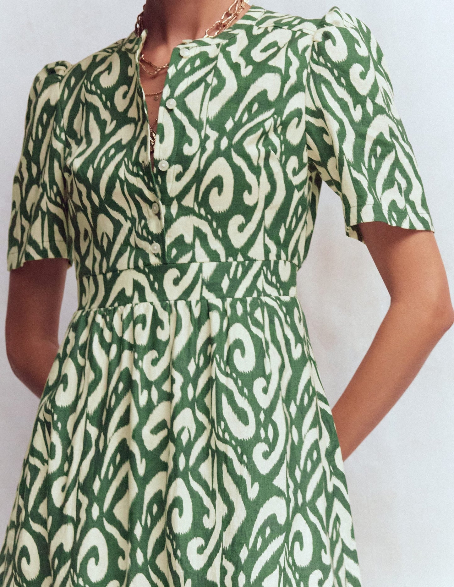 Ivy Button Linen Midi Dress-Hunter Green Ikat