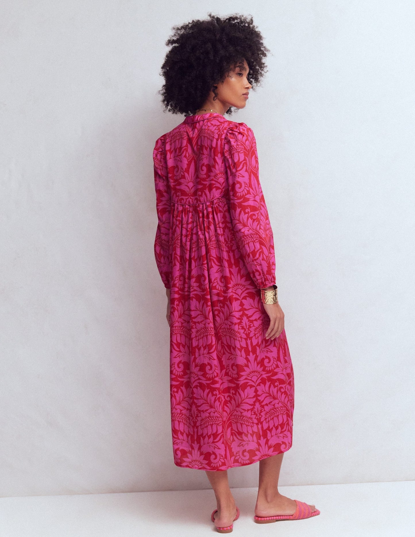 Boho Tie Neck Kaftan-Red Ornamental Foilage