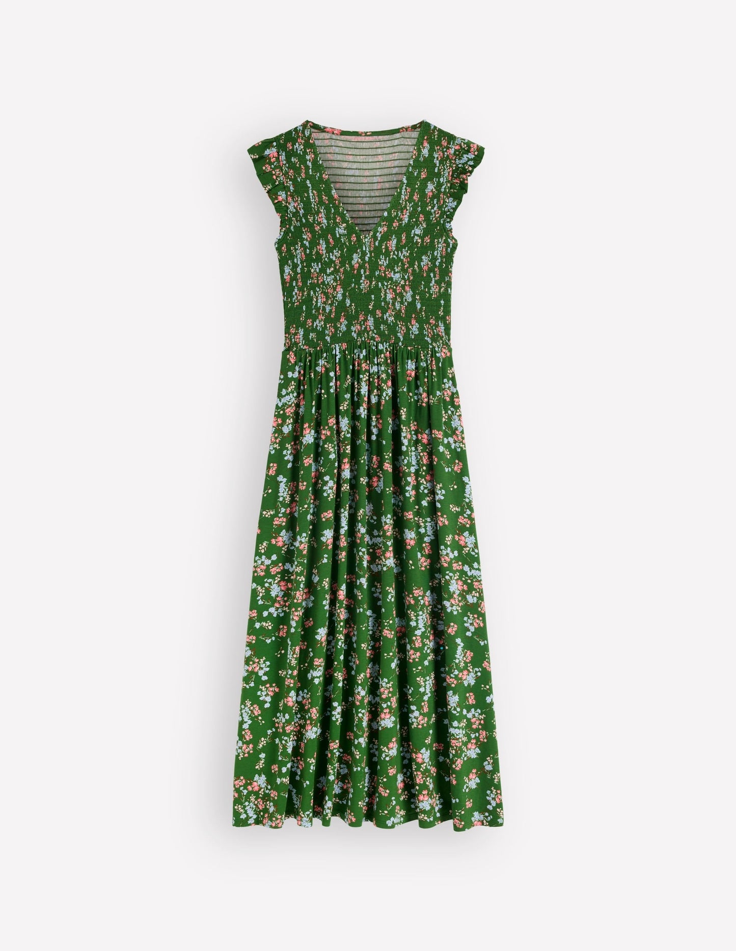 Smocked Jersey Midi Dress-Promenade Green, Bloom Scatter