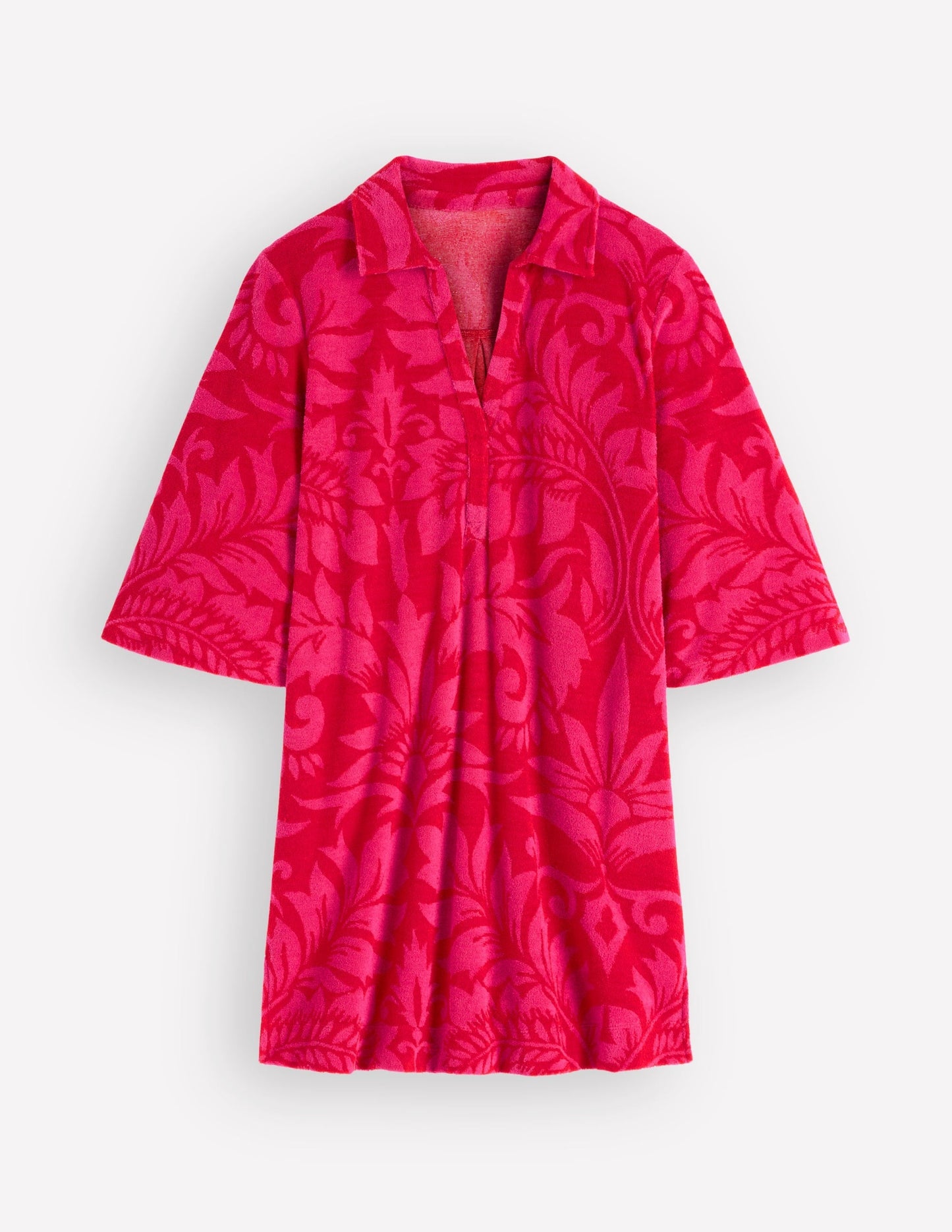 Short Collared Towelling Dress-Merida Red, Ornamental Foliage