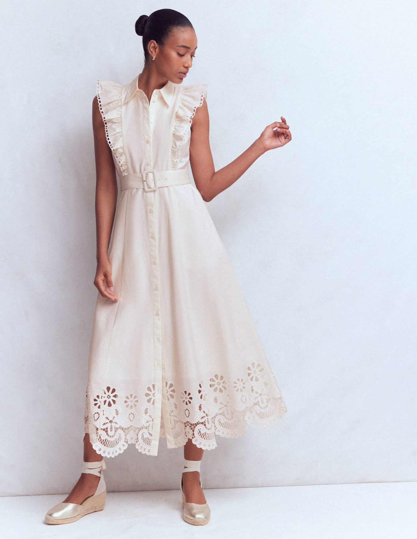 Ruffle Bodice Shirt Dress-White Broderie Trim