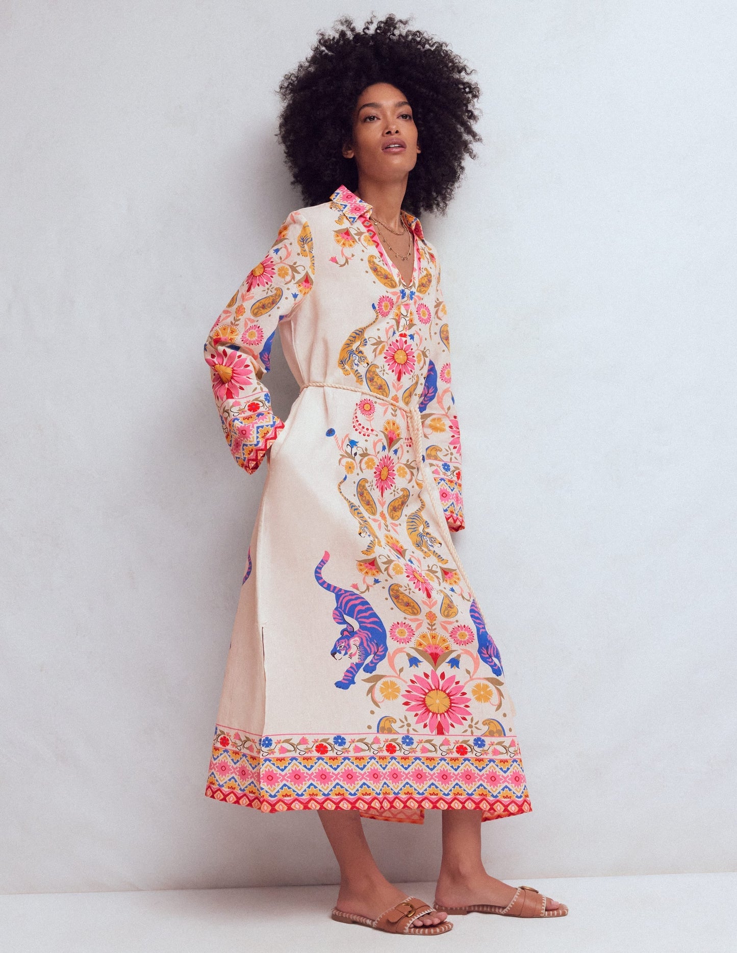 Notch Collar Linen Blend Tunic-Multi Tiger Tapestry