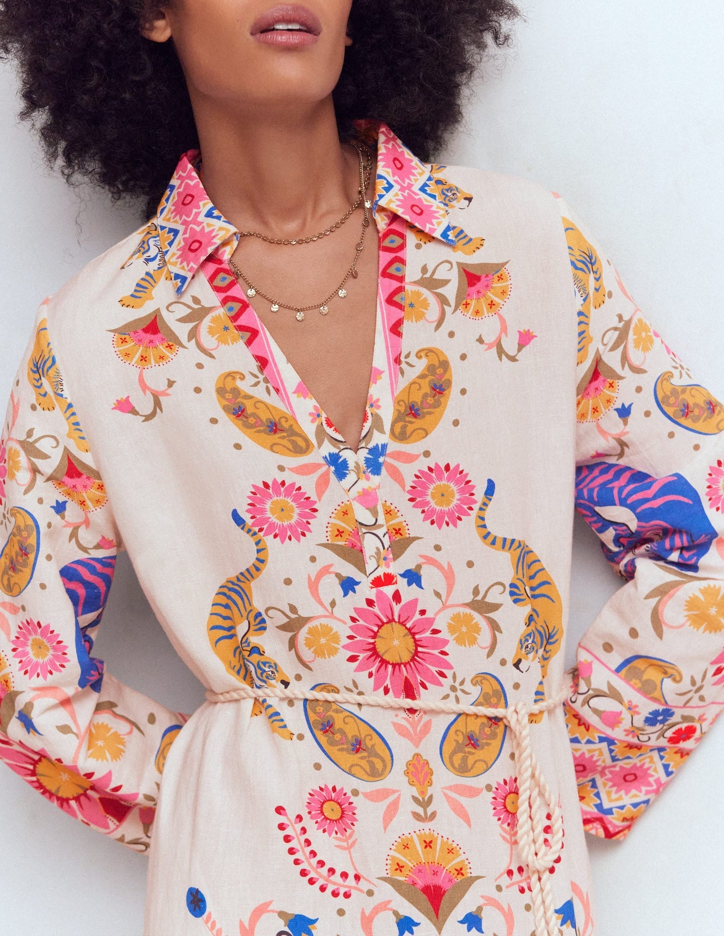 Notch Collar Linen Blend Tunic-Multi Tiger Tapestry