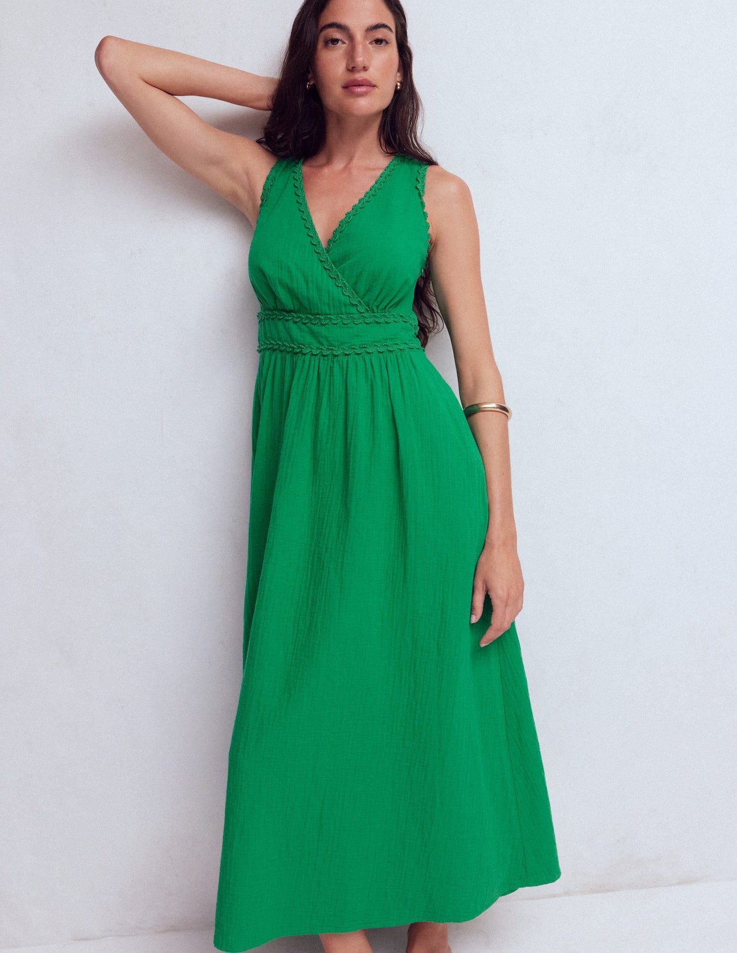 Lorna Trim Double Cloth Dress-Rich Emerald