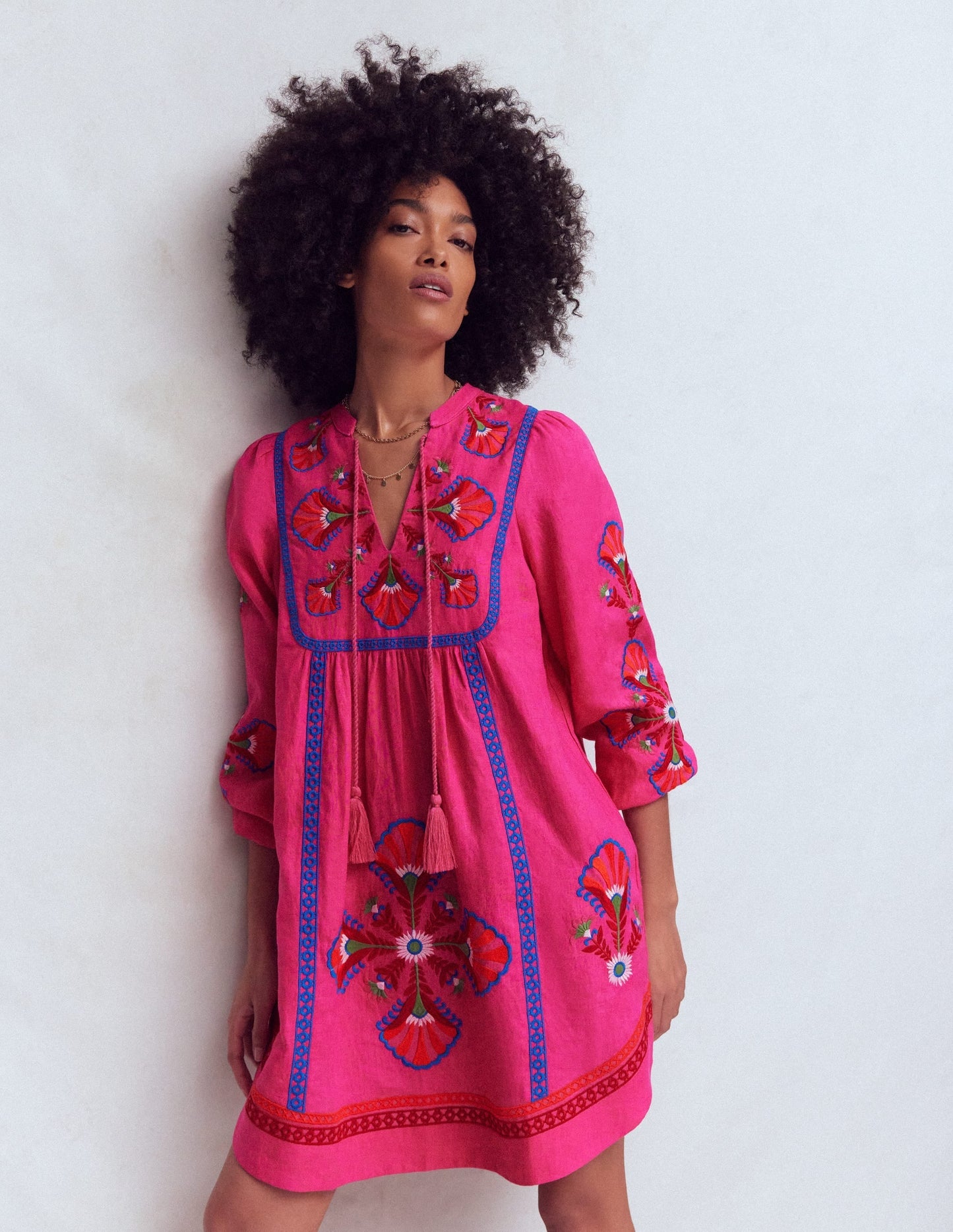 Pia Linen Blend Yoke Dress-Pink Embroidery