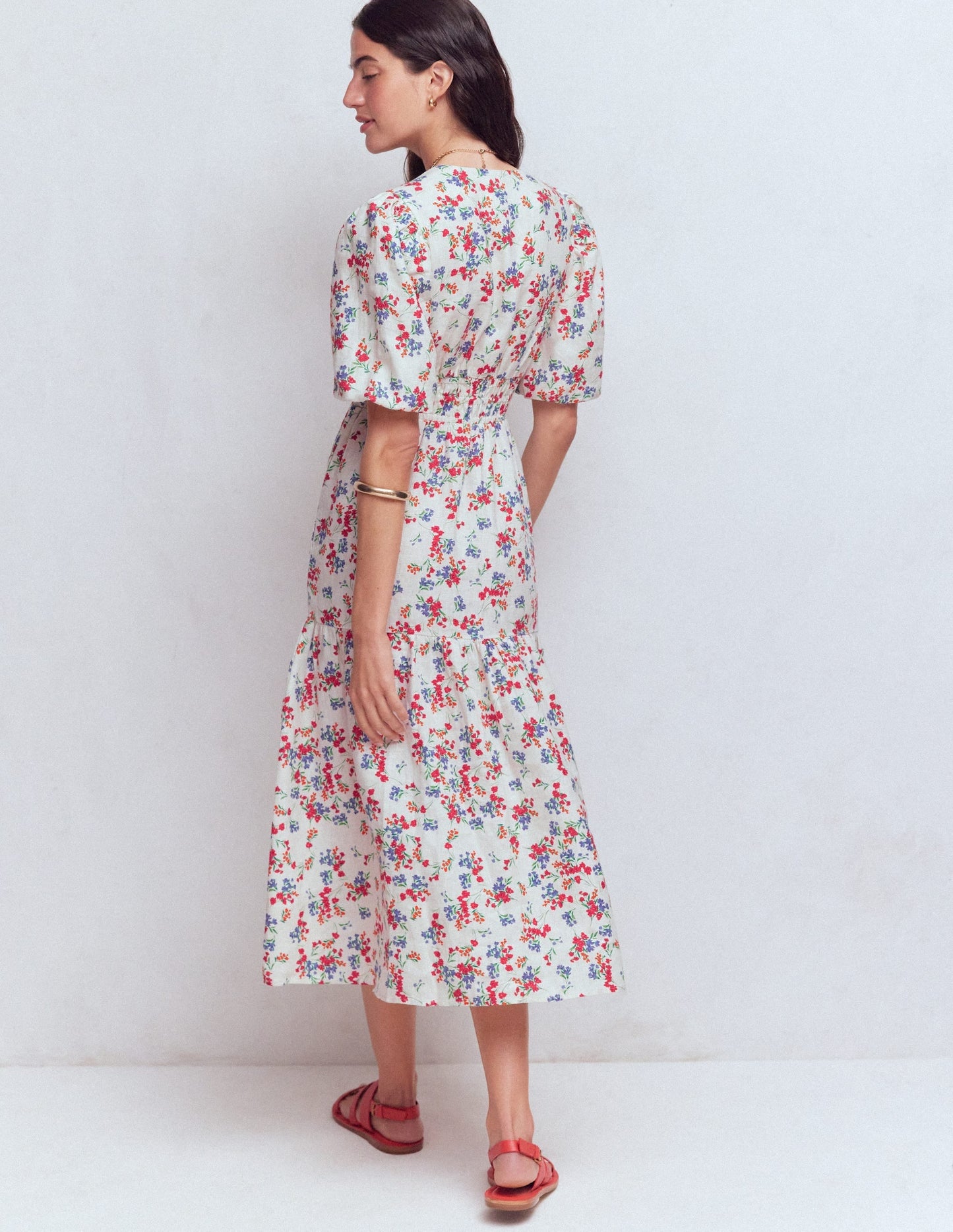 Irene Linen Midi Dress-Ivory, Bloom Scatter