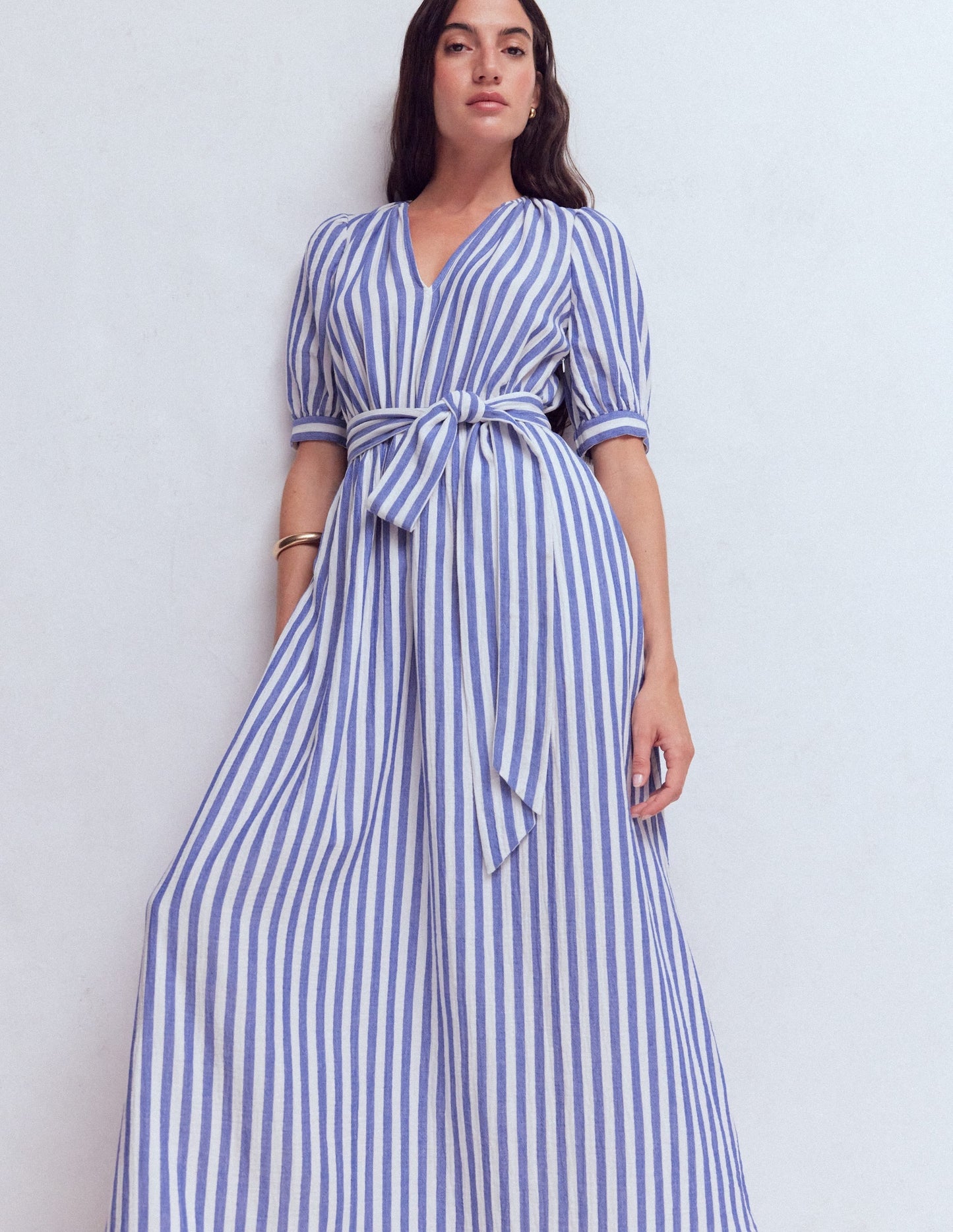 Double Cloth Puff Sleeve Dress-Blue Ivory Stripe