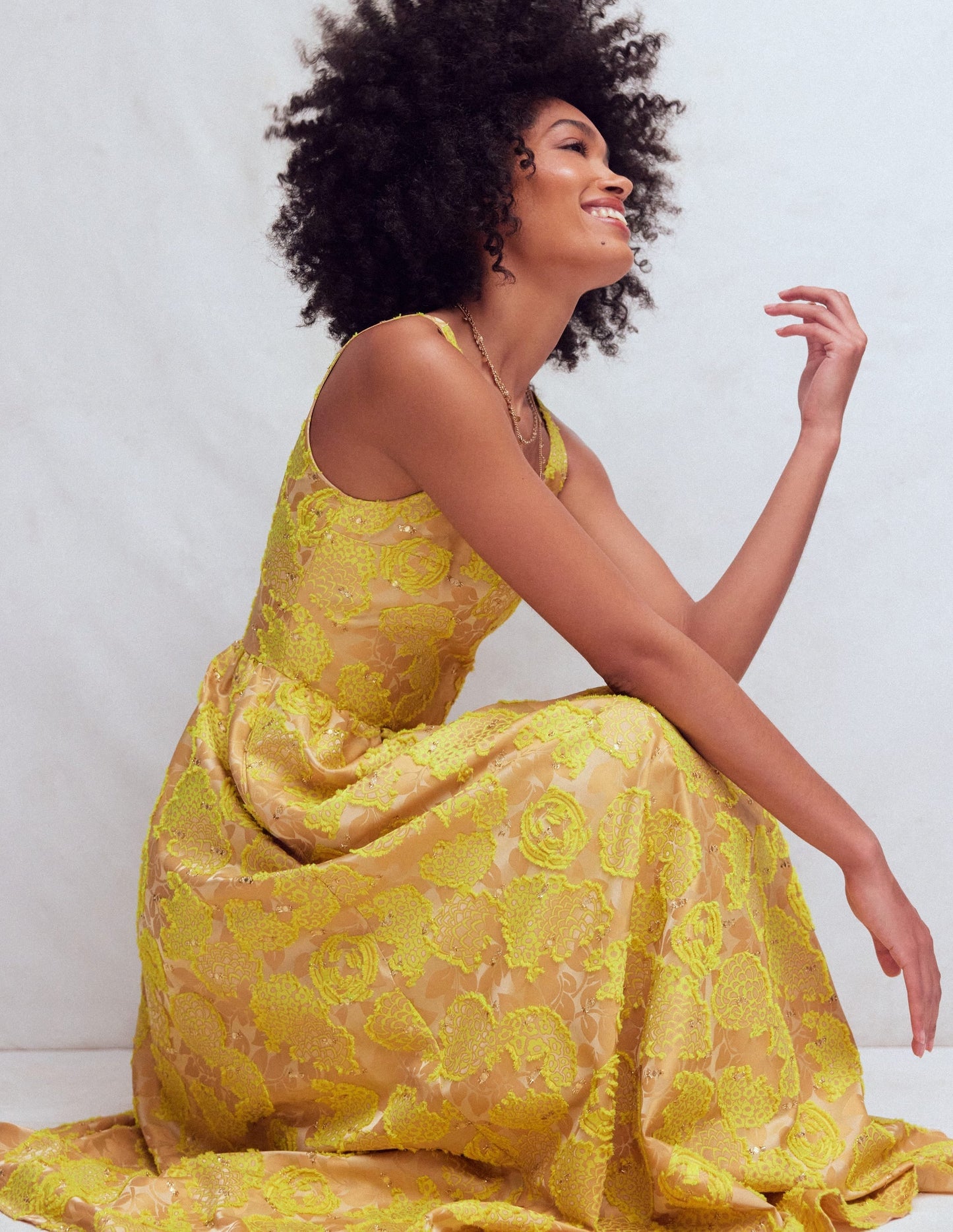 Scoop Neck Fit and Flare Dress-Yellow Jacquard