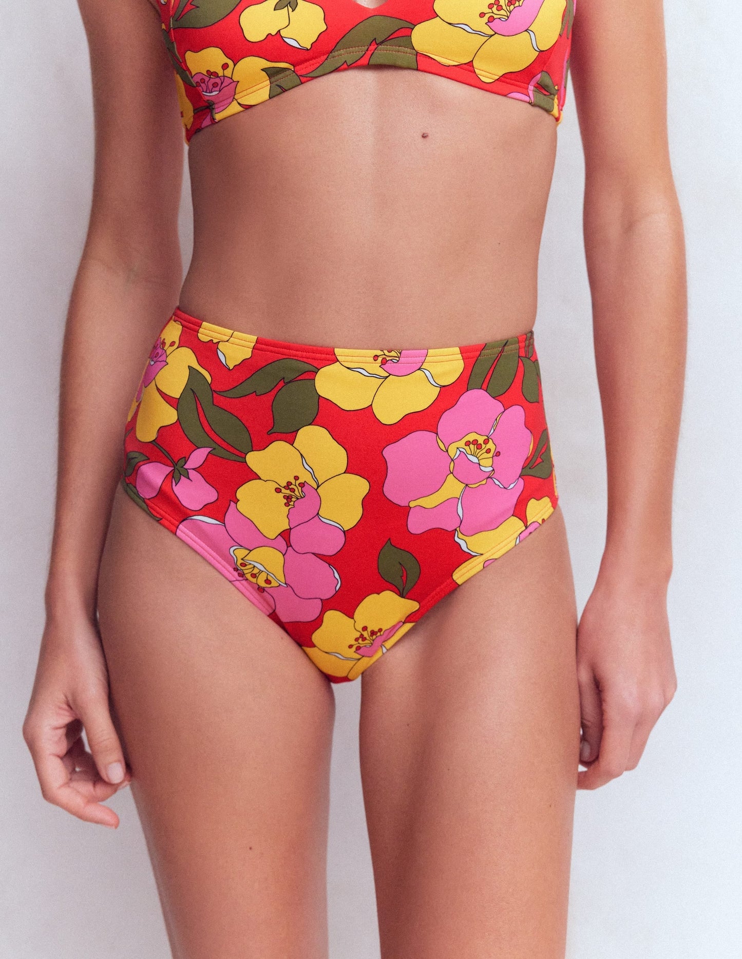 High Waisted Bikini Bottoms-Red, Radiant Bloom
