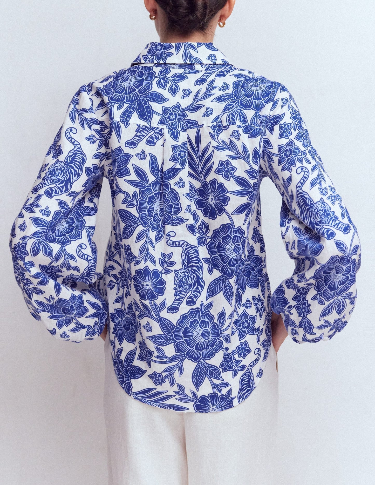 Puff Sleeve Linen Shirt-Sapphire Blue, Tigers Paradise