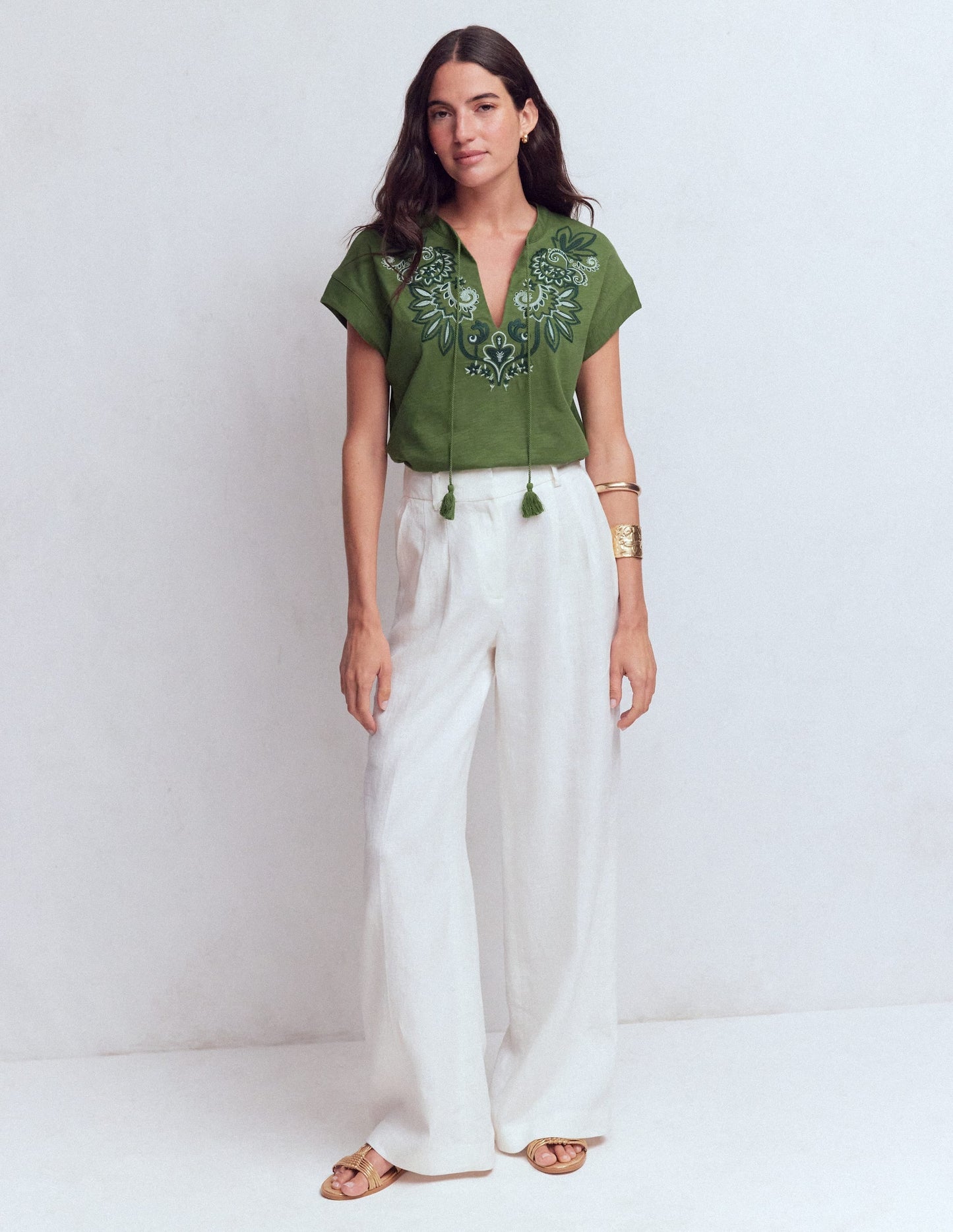 Nina Embroidered Notch T-shirt-Safari Green
