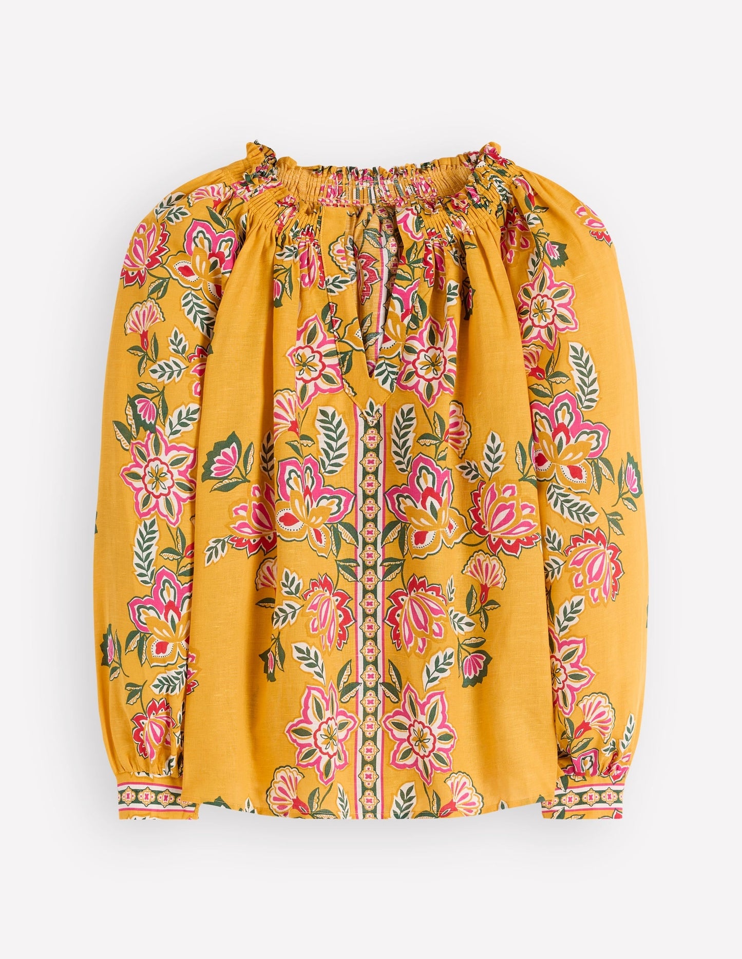 Serena Pleat Neck Linen Top-Marigold, Blossom Elegance