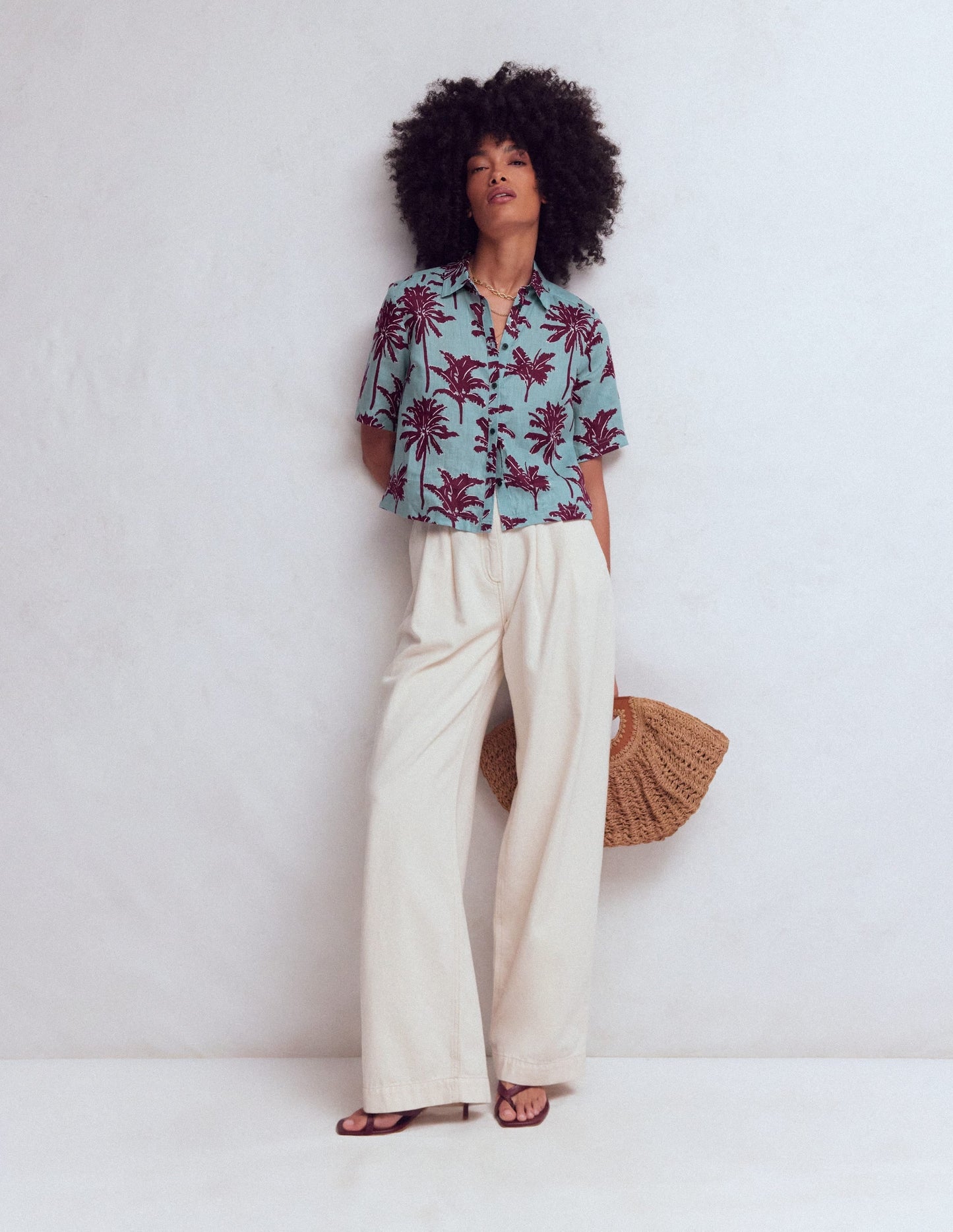Short Sleeve Linen Shirt-Seamist Blue, Palm Paradise
