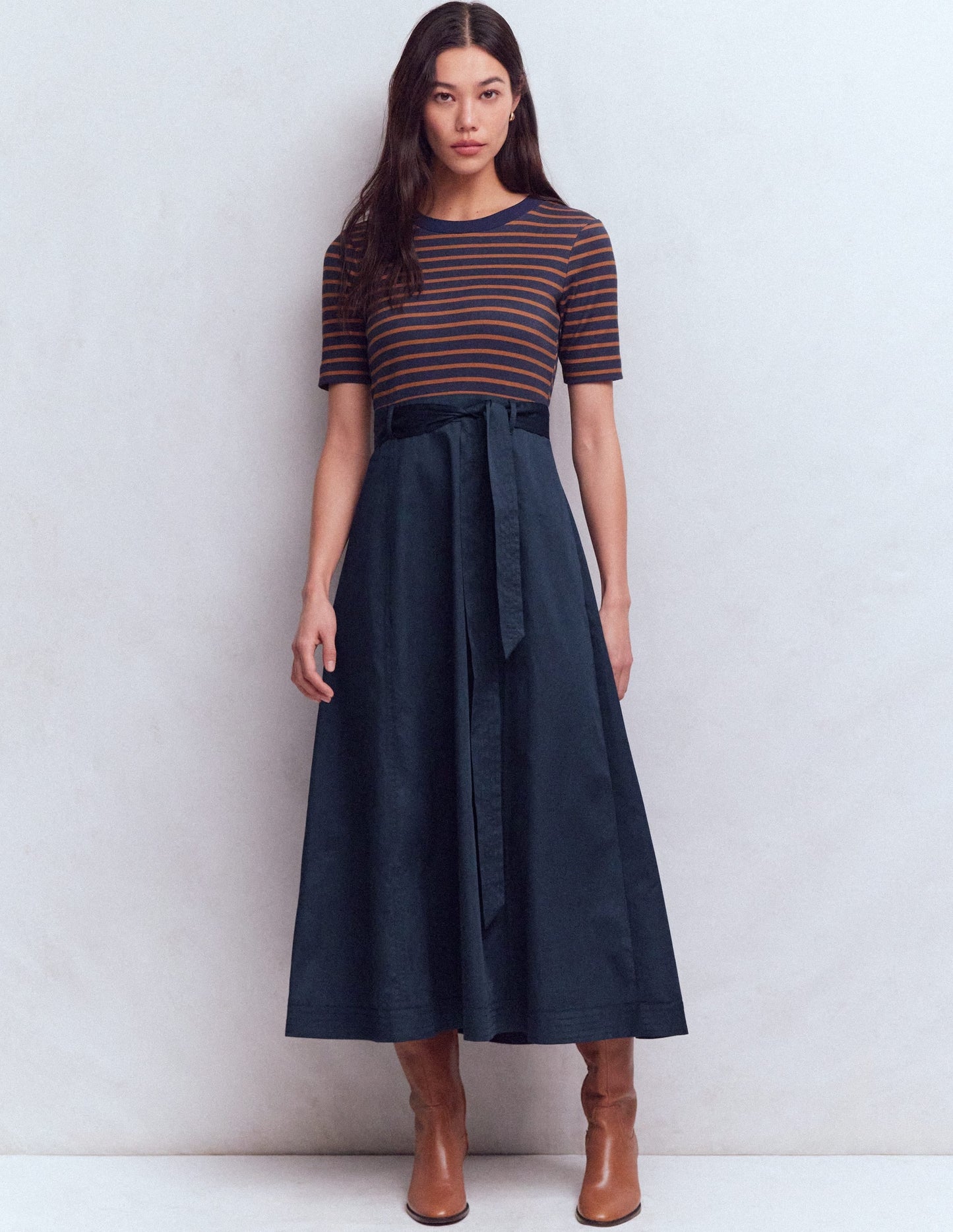 Crew Neck Mix Media Dress-Navy and Gingerbread Stripe