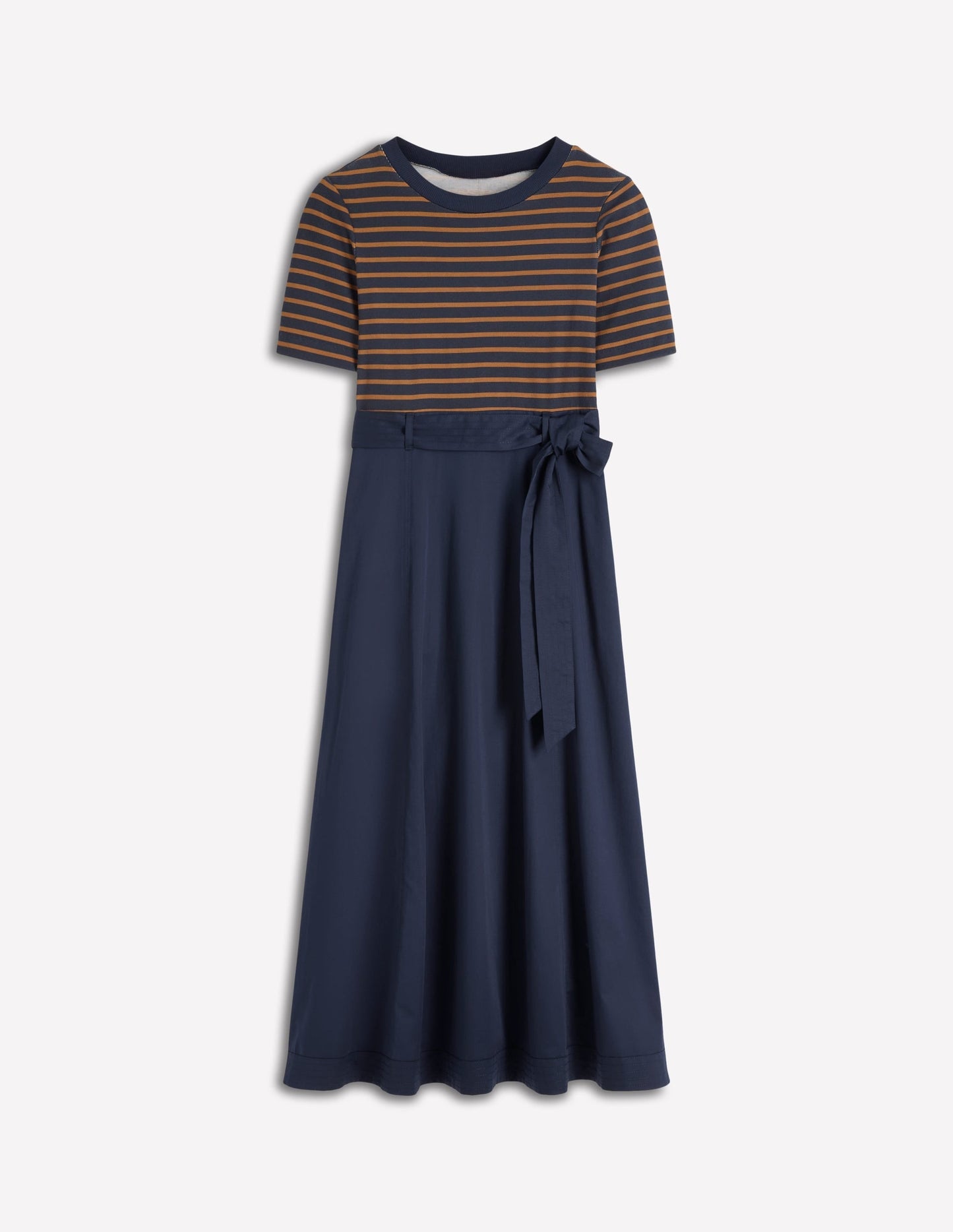 Crew Neck Mix Media Dress-Navy and Gingerbread Stripe