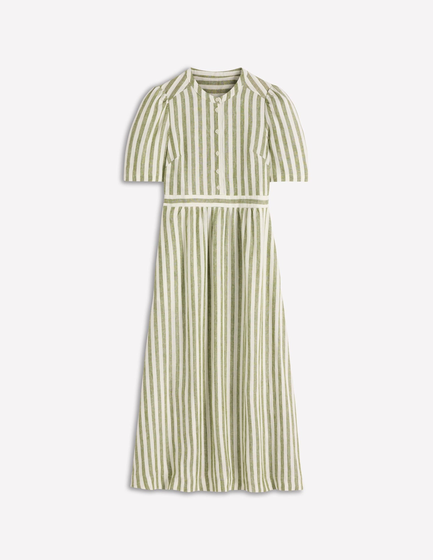 Ivy Button Linen Midi Dress-Olive, Ivory Stripe