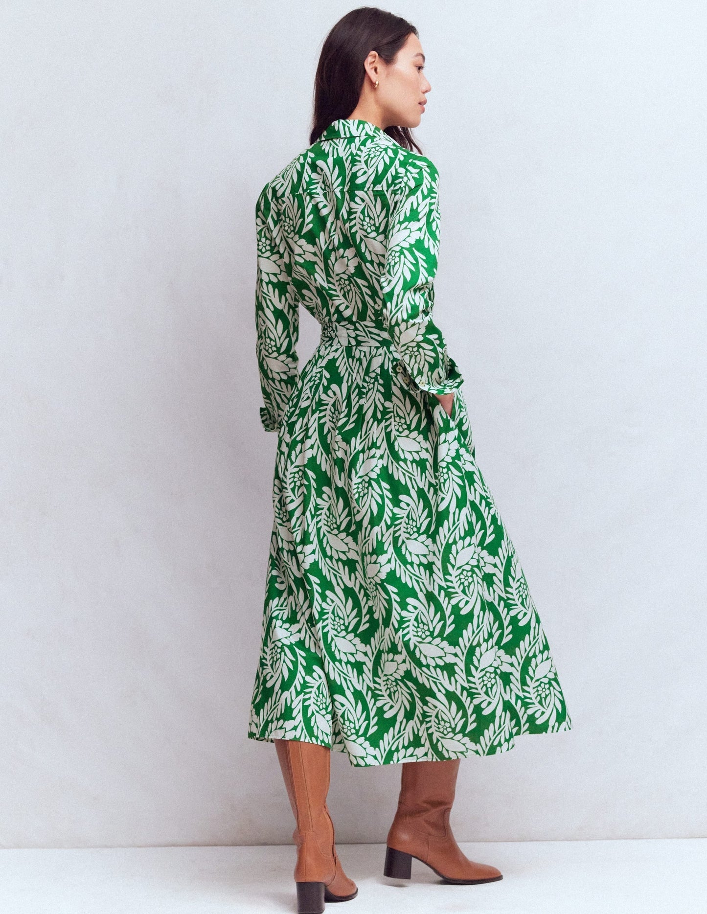 Alexa Cotton Midi Shirt Dress-Fresh Green, Scattered Vine
