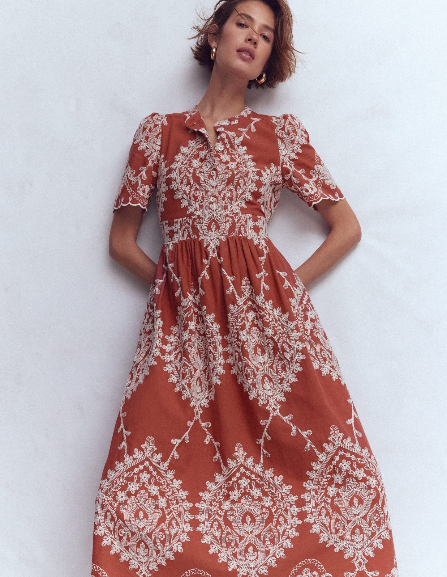 Ivy Button Cotton Midi Dress-Rust Embroidery