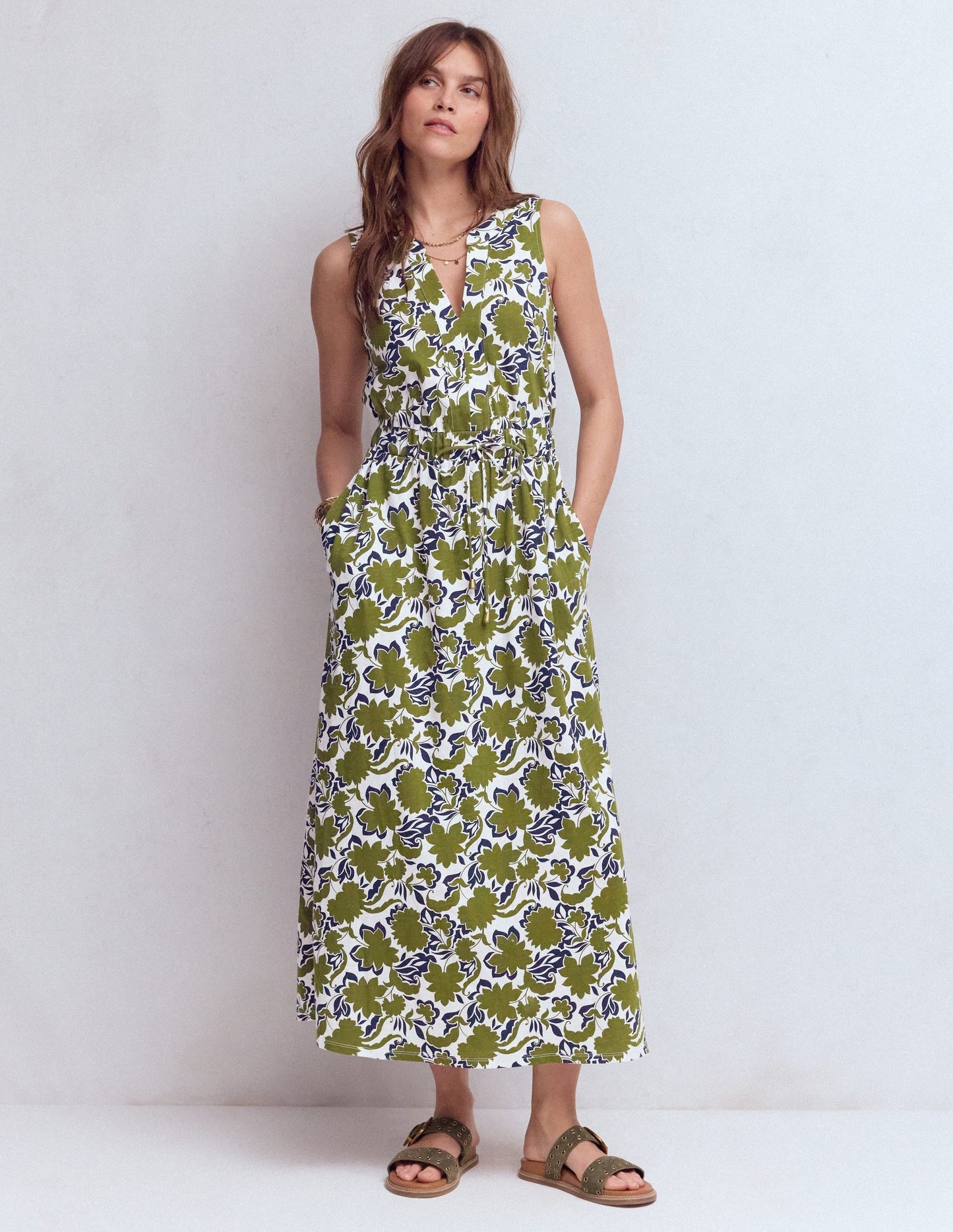 Delphine Midi Jersey Dress-Olive, Shadow Blossom