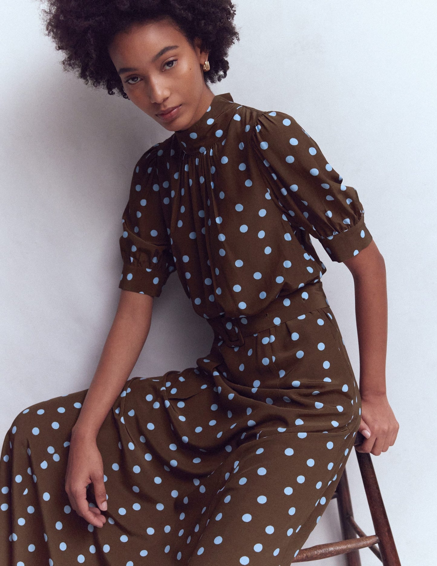 High Neck Belted Dress-Raw Umber, Painted Dot