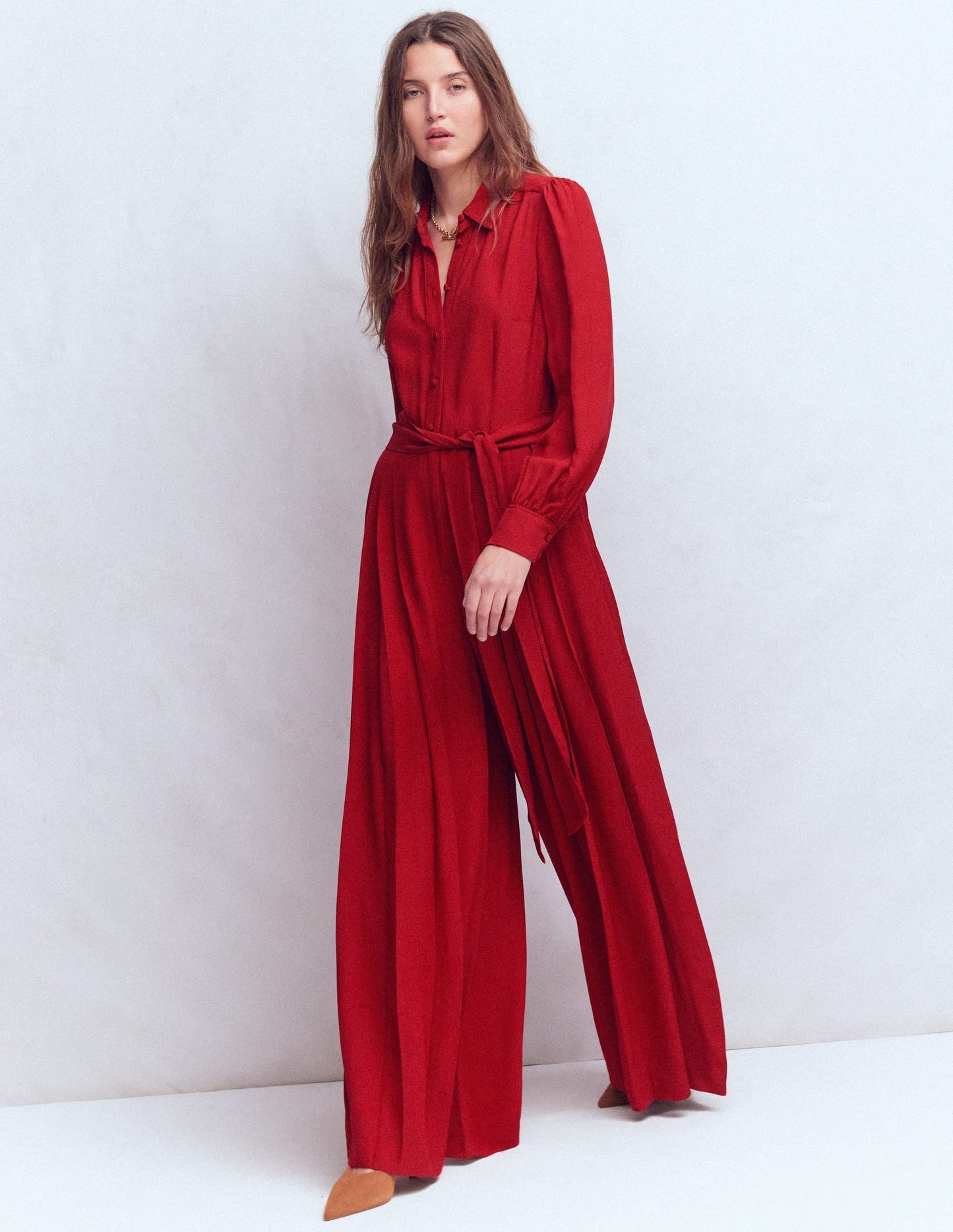Button Up Palazzo Jumpsuit-Red