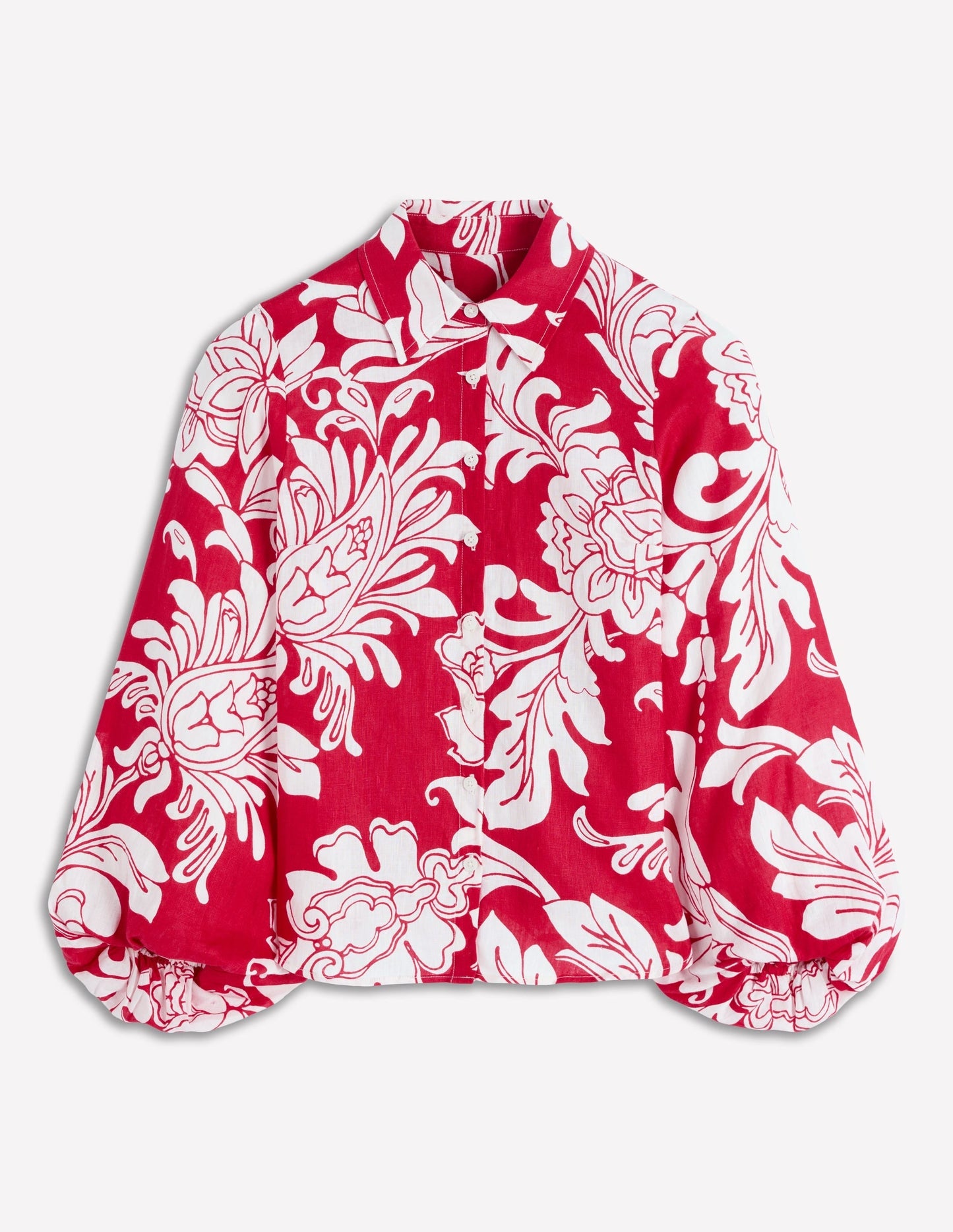 Puff Sleeve Linen Shirt-Merida Red, Botanical Flourish
