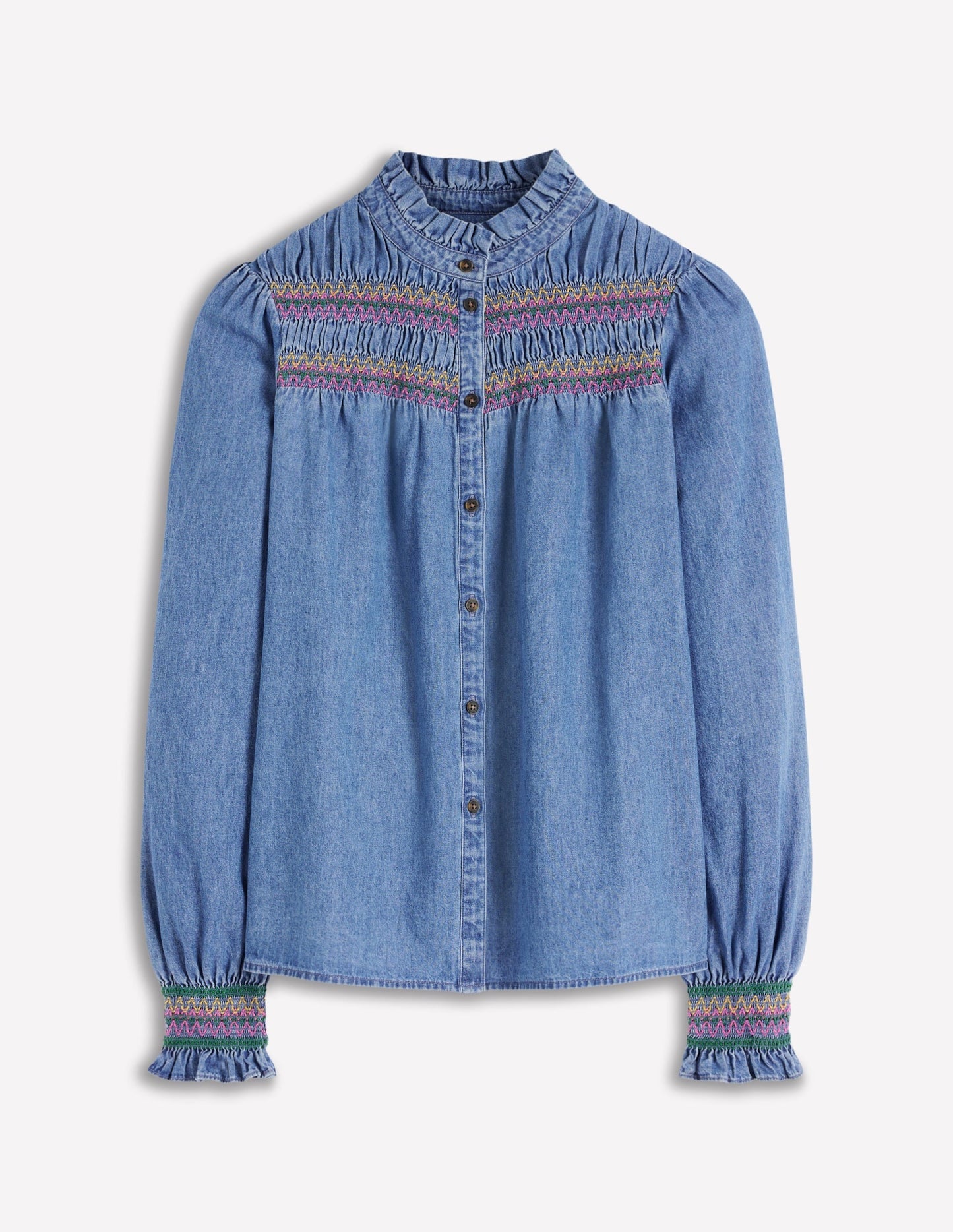 Esme Smocked Denim Frill Top-Light Authentic