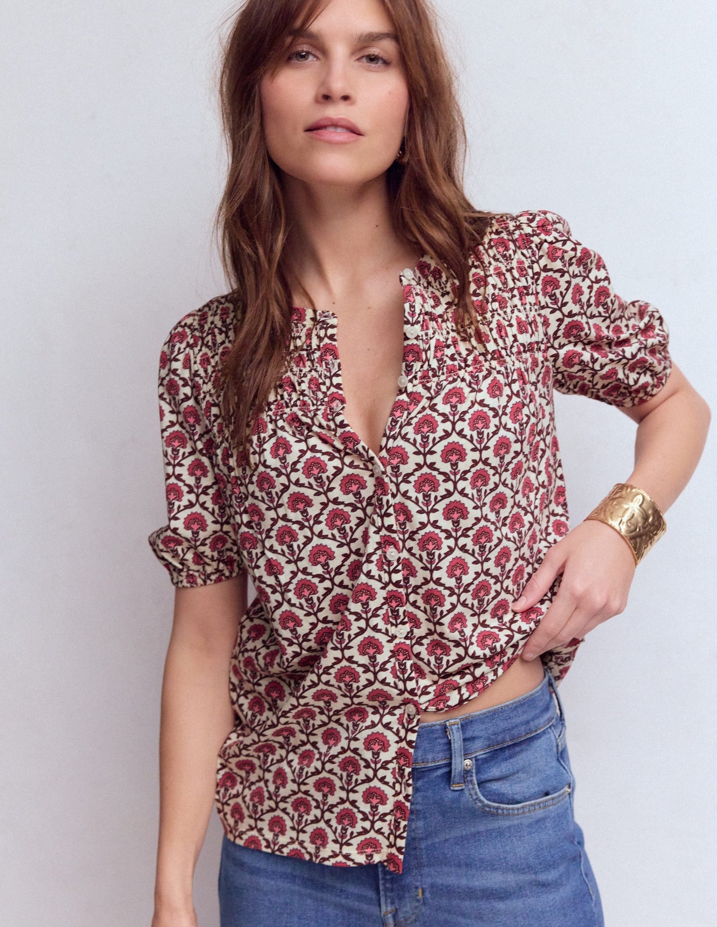 Mya Short Sleeve Smocked Shirt-Strawberry Pink,Flower Lattice