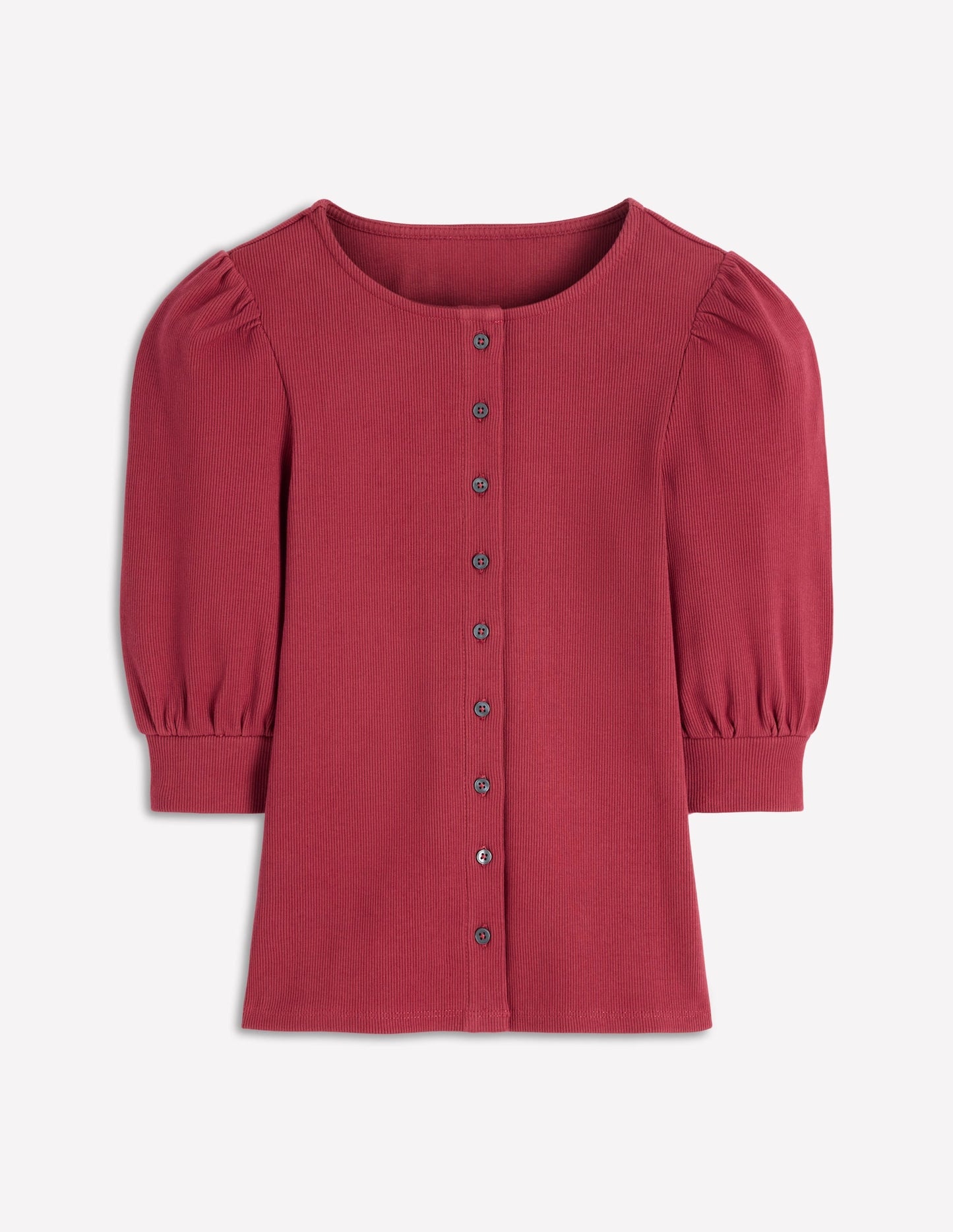 Evie Ribbed Puff Sleeve Top-Terracotta Red