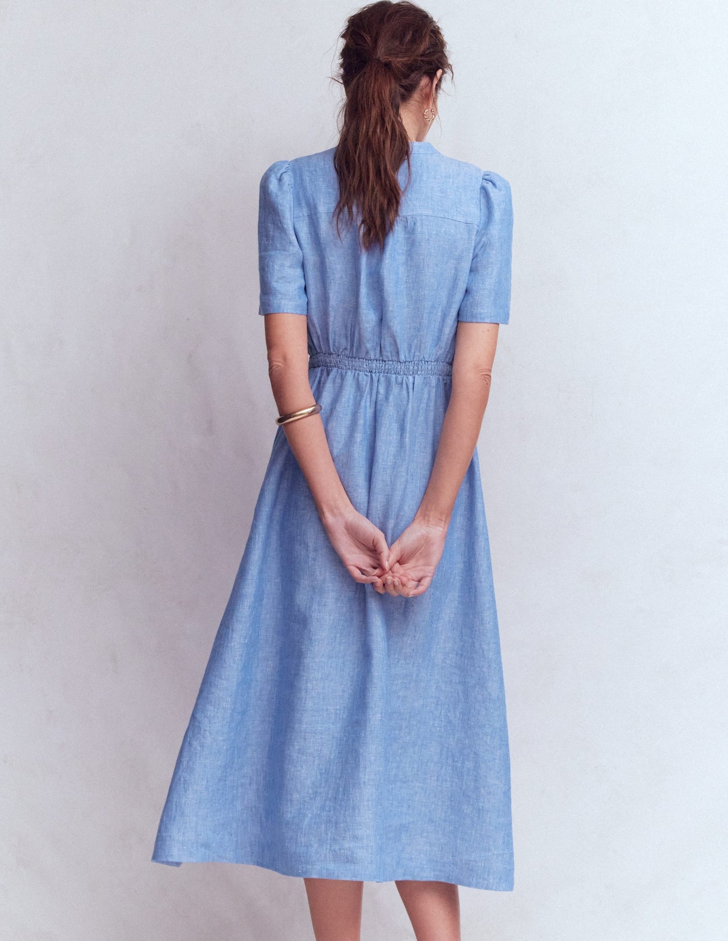 Ivy Button Linen Midi Dress-Summer Blue Chambray