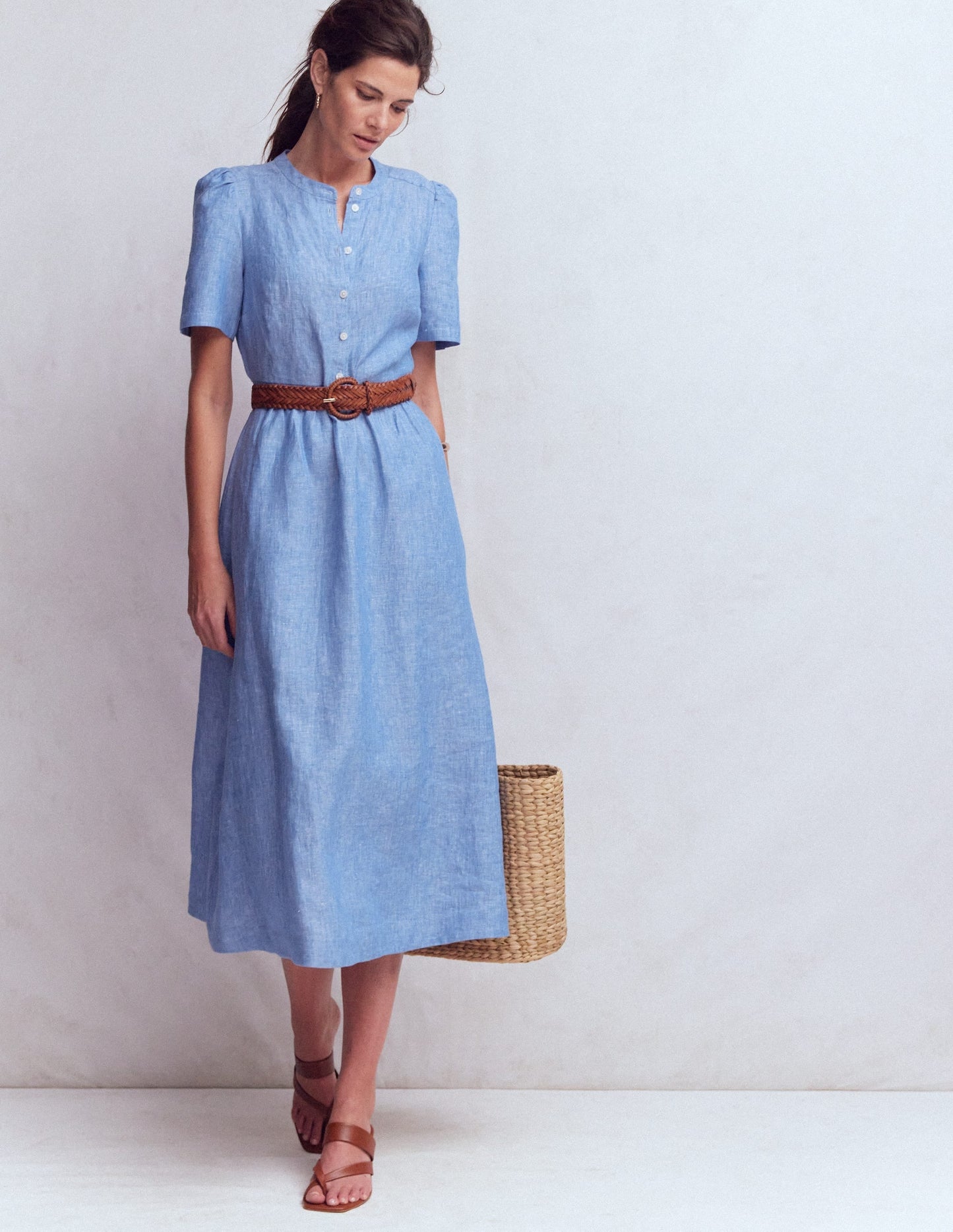 Ivy Button Linen Midi Dress-Summer Blue Chambray