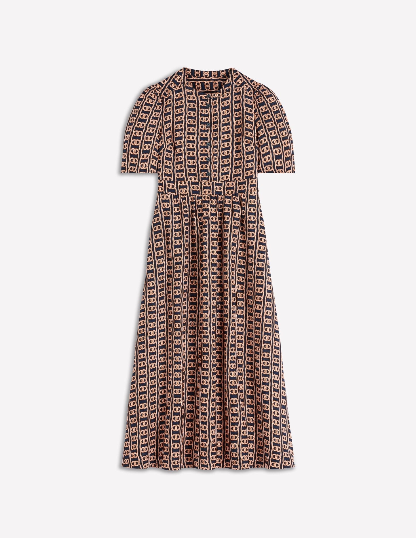 Ivy Button Linen Midi Dress-French Navy, Rope Trellis